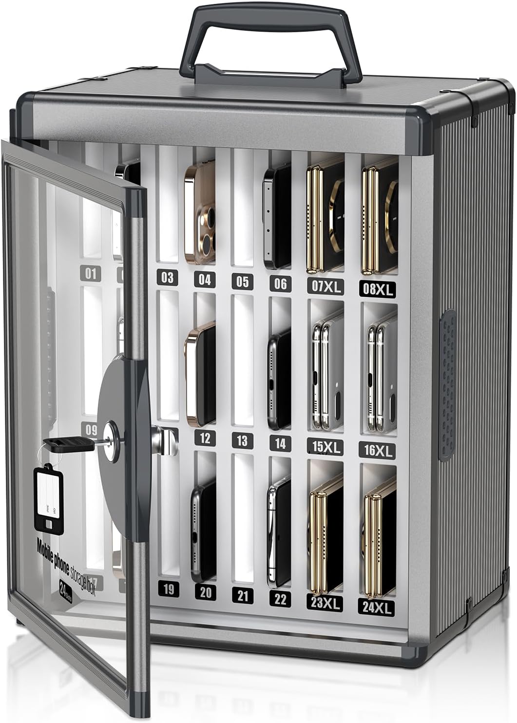 24 Slots Cell Phone Locker for Classroom, Portable Phone Holder Box, Wall Mount Phone Lock Box with Key, Pocket Chart Storage(Black-Universal Keys)