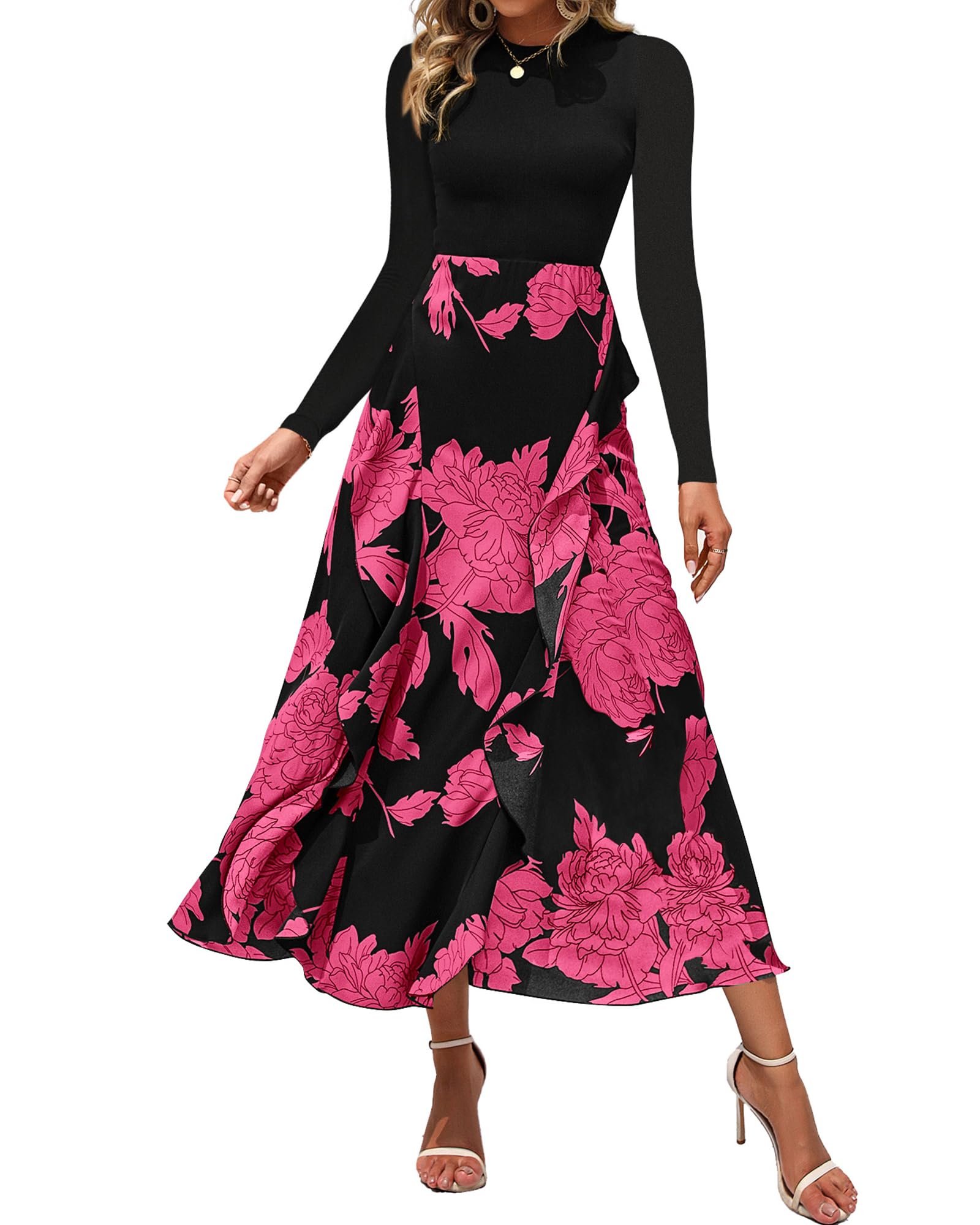 BTFBM Womens Floral Maxi Dress Fall 2025 Casual Crewneck Long Sleeve Ruffle Flowy Cocktail Wedding Guest Dresses