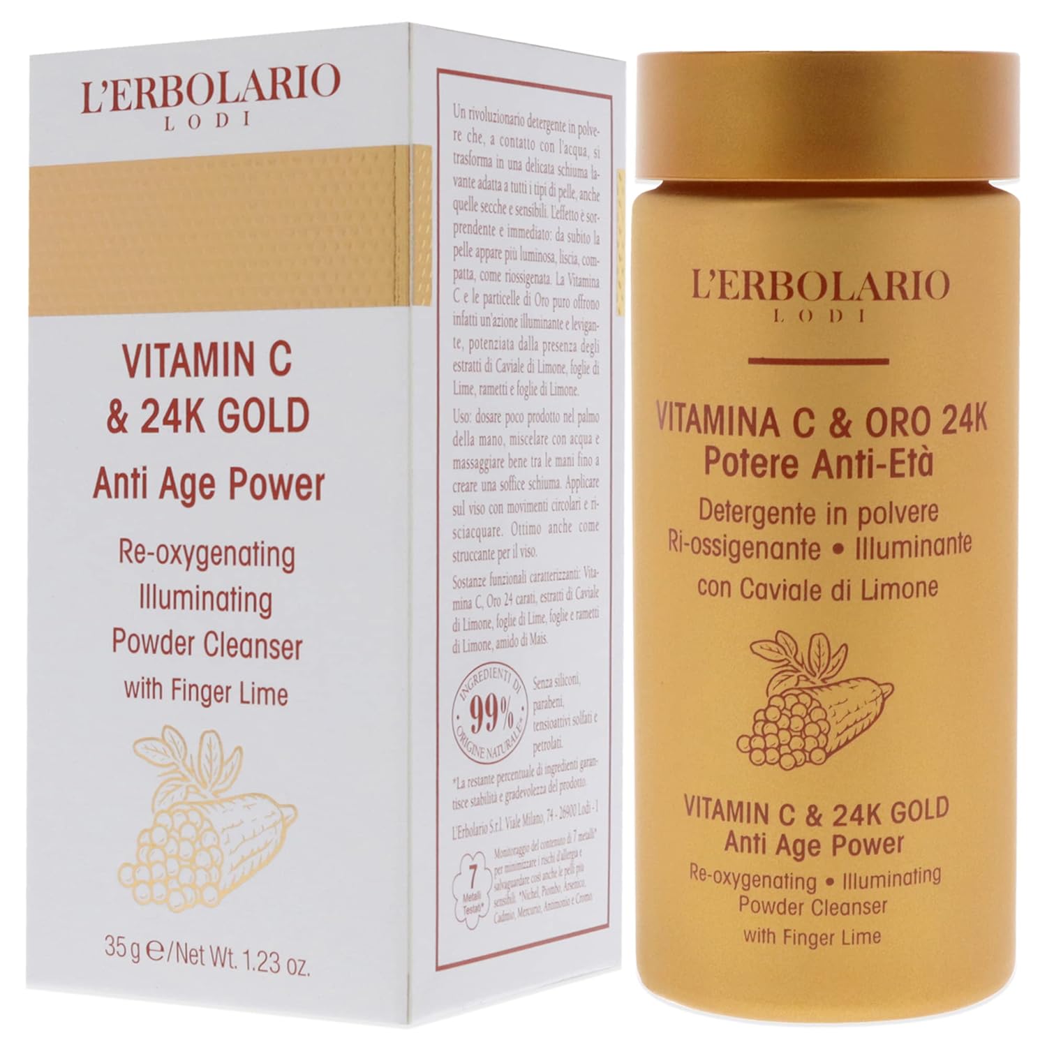 L'Erbolario Vitamin C and 24K Gold Anti-Age Face Wash - Illuminating Powder-to-Foam - Makeup Remover - Facial Cleanser for All Skin Types - 1.23 oz