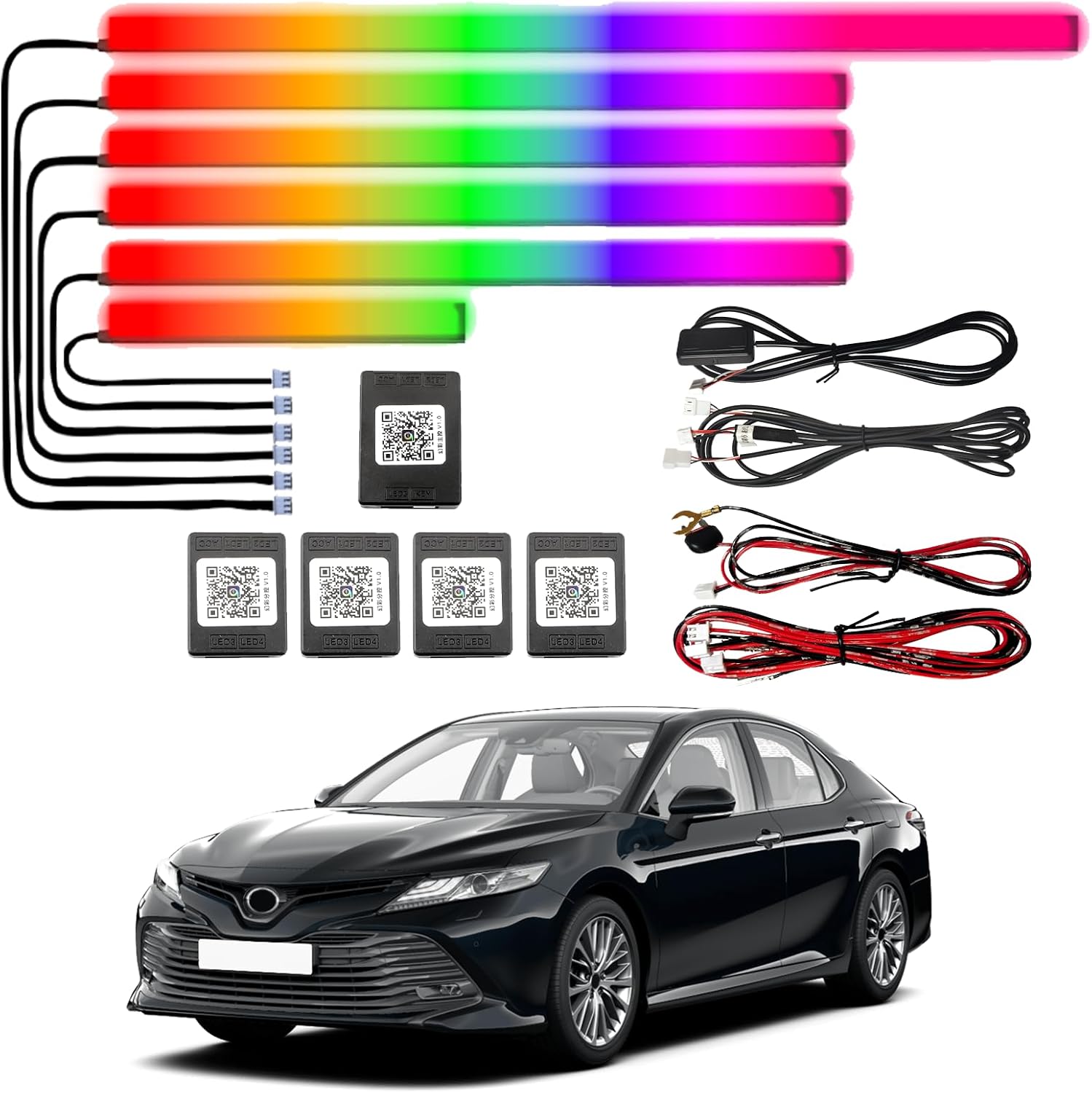 Acrylic Car Interior LED Ambient Light, for Toyota Camry XV70 2018,2019,2020,2021,2022,2023,2024 Model, 6-in-1 LED Strip with Wireless APP Control, Neon Fiber Optic Lighting LED Strip