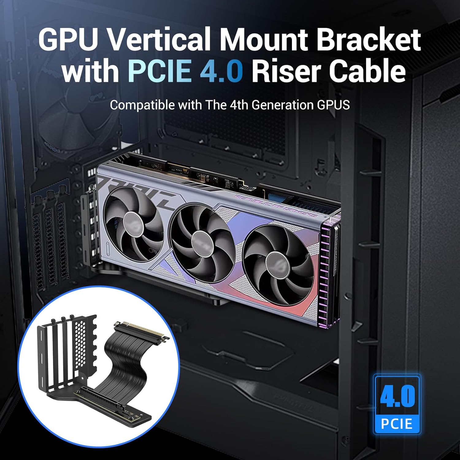 Vertical GPU Mount with PCIE 4.0 Riser Cable 200mm, Graphics Card Holder Bracket Kit for ATX Case, GPU Support Stand with High Speed Gen4 Extension, Compatible RTX 4090/4080/4070 AMD RX 7900