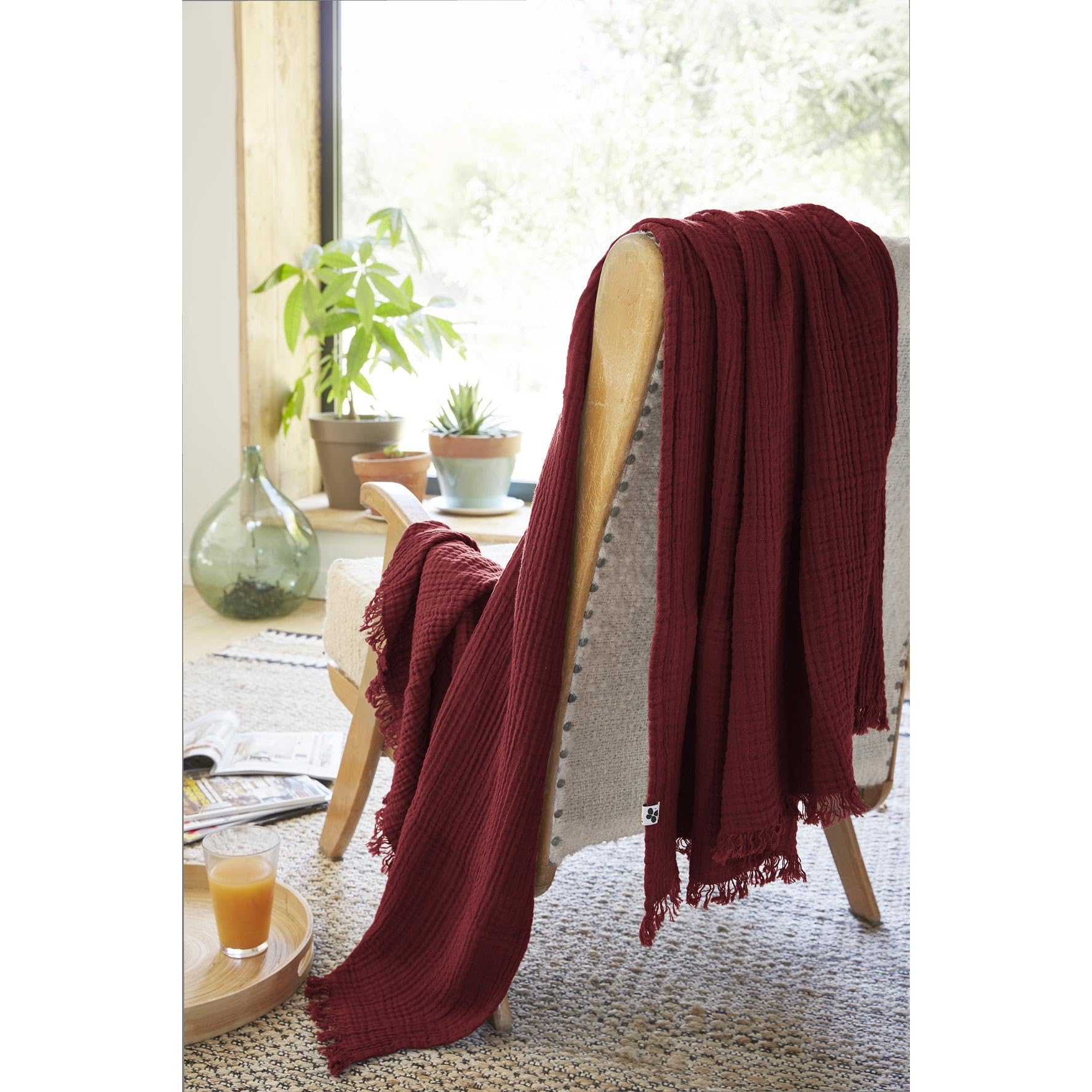 Plaid con frange in garza di cotone, 130 x 160 cm Gaia Bordeaux