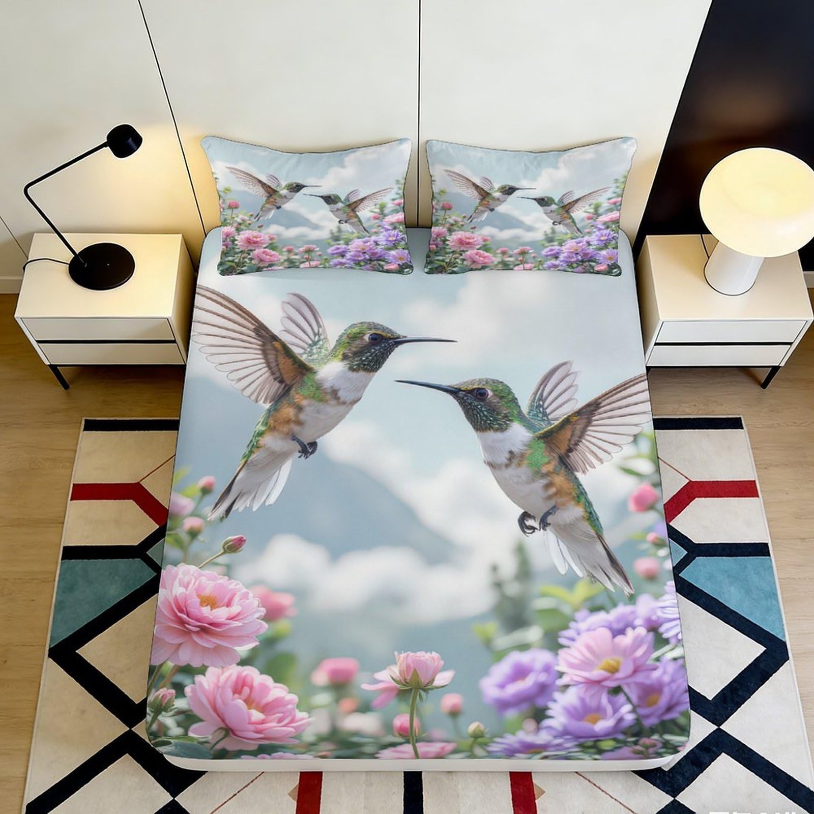 3D Printed Hummingbird Floral Fitted Sheet Microfiber Bedroom Decor Mattress Cover for Home Guest Room 90x200x25cm