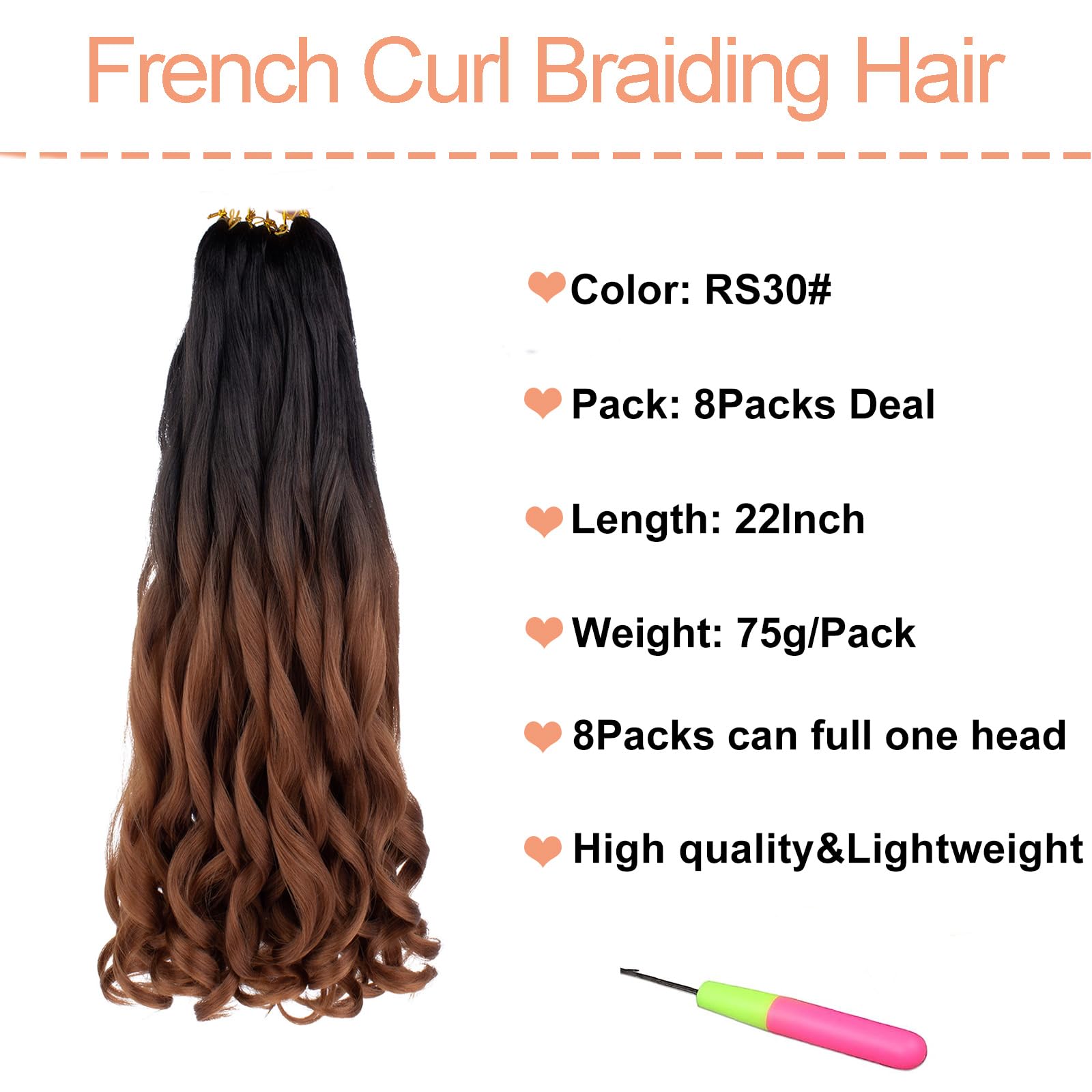Mscat 22 Inch 8 Packs Pre Stretched French Curly Braiding Hair Loose Wave Bouncy Hair Extensions RS30#, 22 Inch (Pack of 8) - Image 2