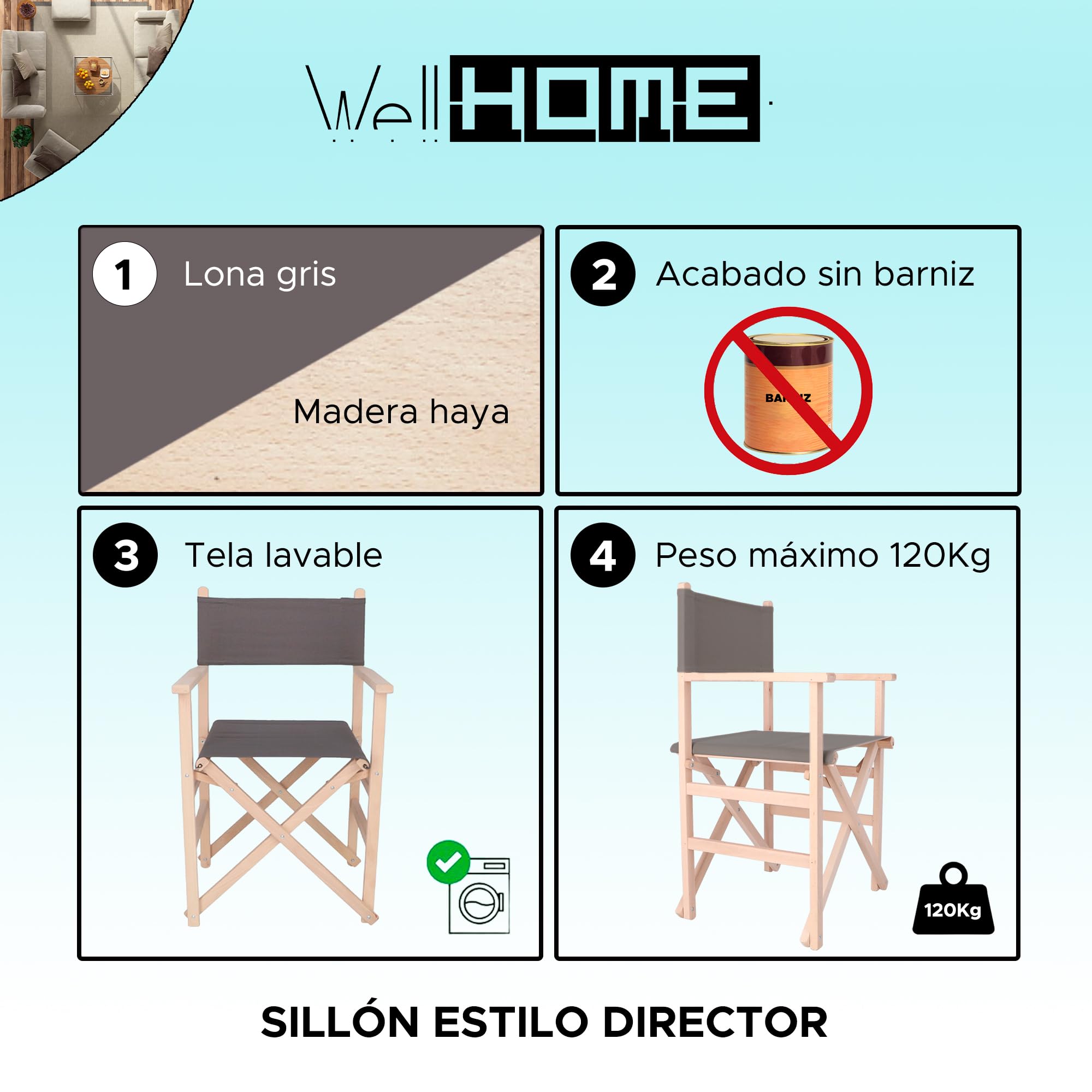Well Home MOBILIARIO & DECORACIÓN Sillon Director Sunset Acabado SIN Barniz, Lona Gris, 51x46x86 cm