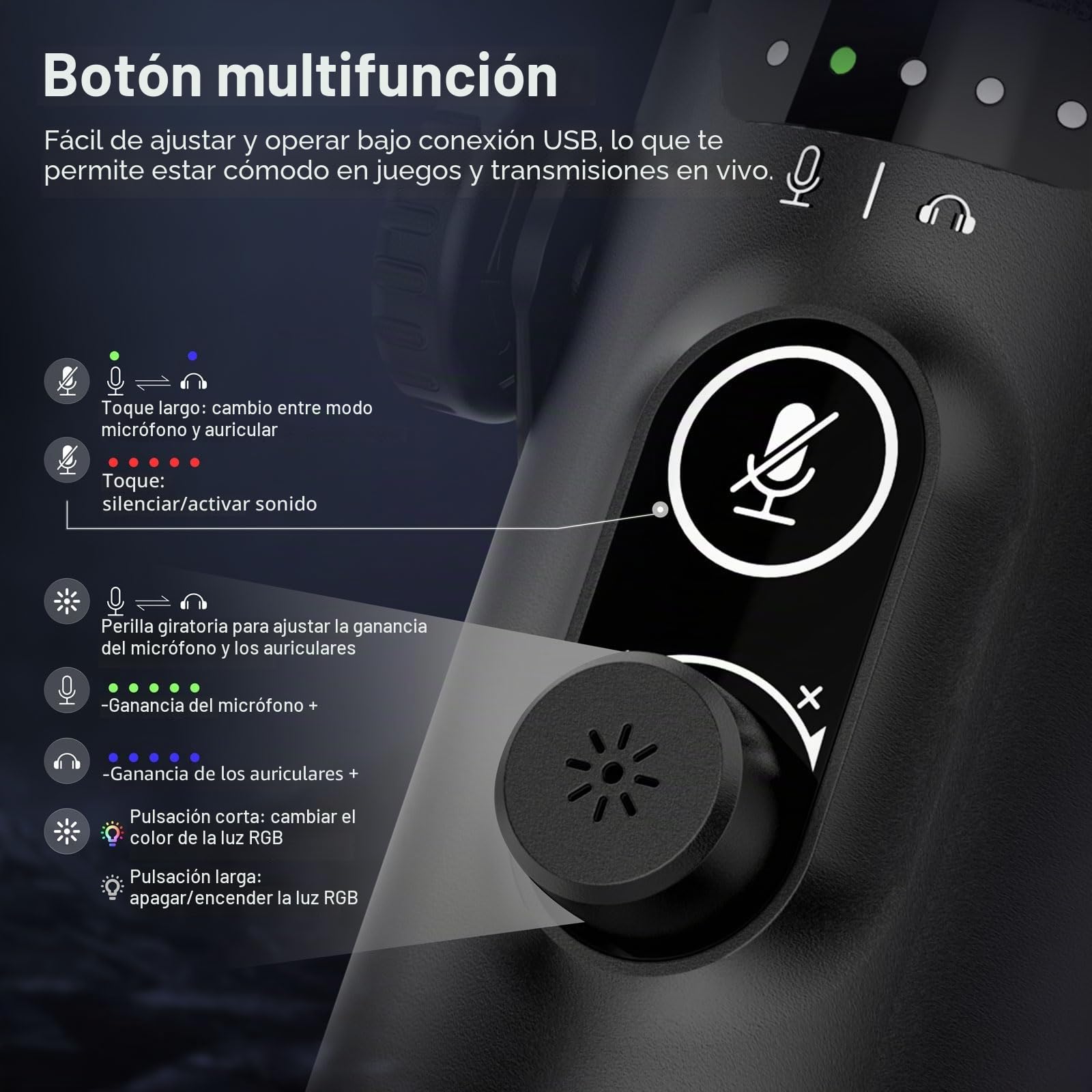 FDUCE - Kit de micrófono de juego USB/XLR, micrófono dinámico para PC para podcasting y transmisión, kit de micrófono RGB para computadora con soporte de brazo extensible, botón de silencio y conector