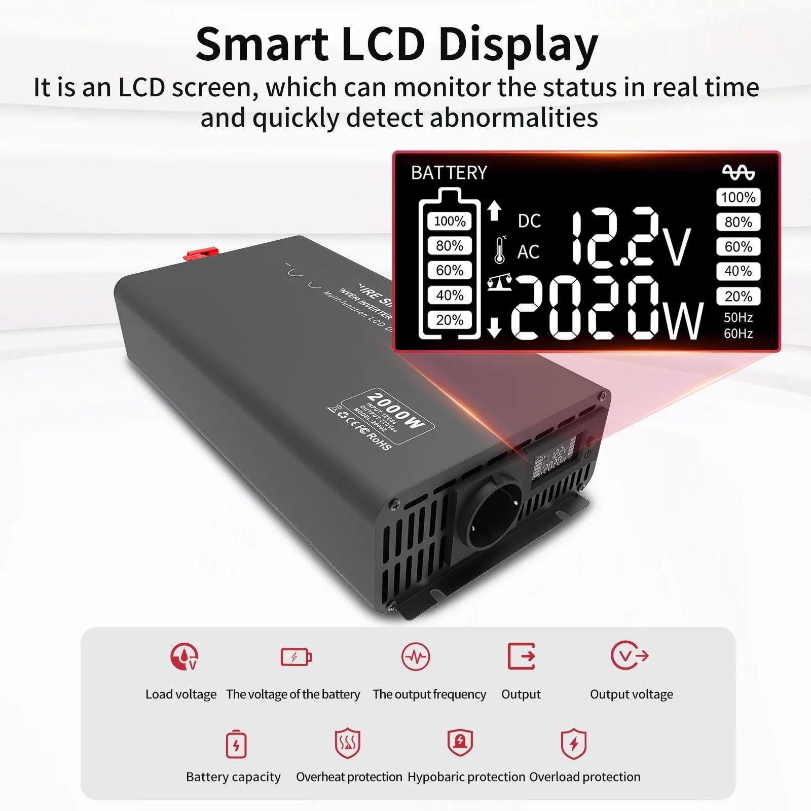 Inversor de Corriente Inversor YLRX-2000W Sinusoidal Pura 220v con Enchufe Europeo 1000W 1500W 50Hz 24V 60V A 220V(To 1000W)