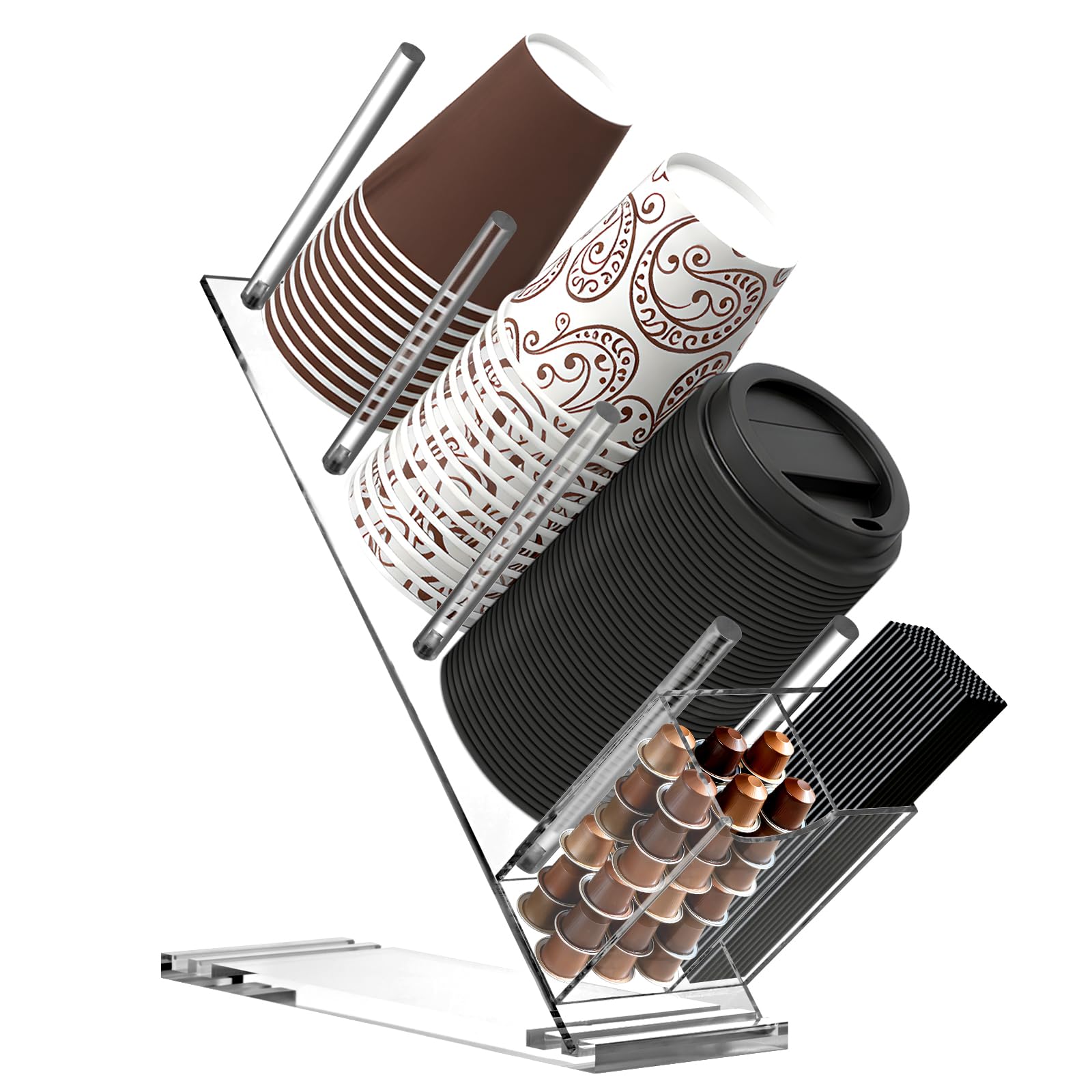 Acrylic Coffee Cup and Lid Organizer, Adjustable Cups and Lid Holder, 5 Compartment Coffee Cup Holder for Disposable Paper Plastic Cups, Coffees Bar Organizers accessories