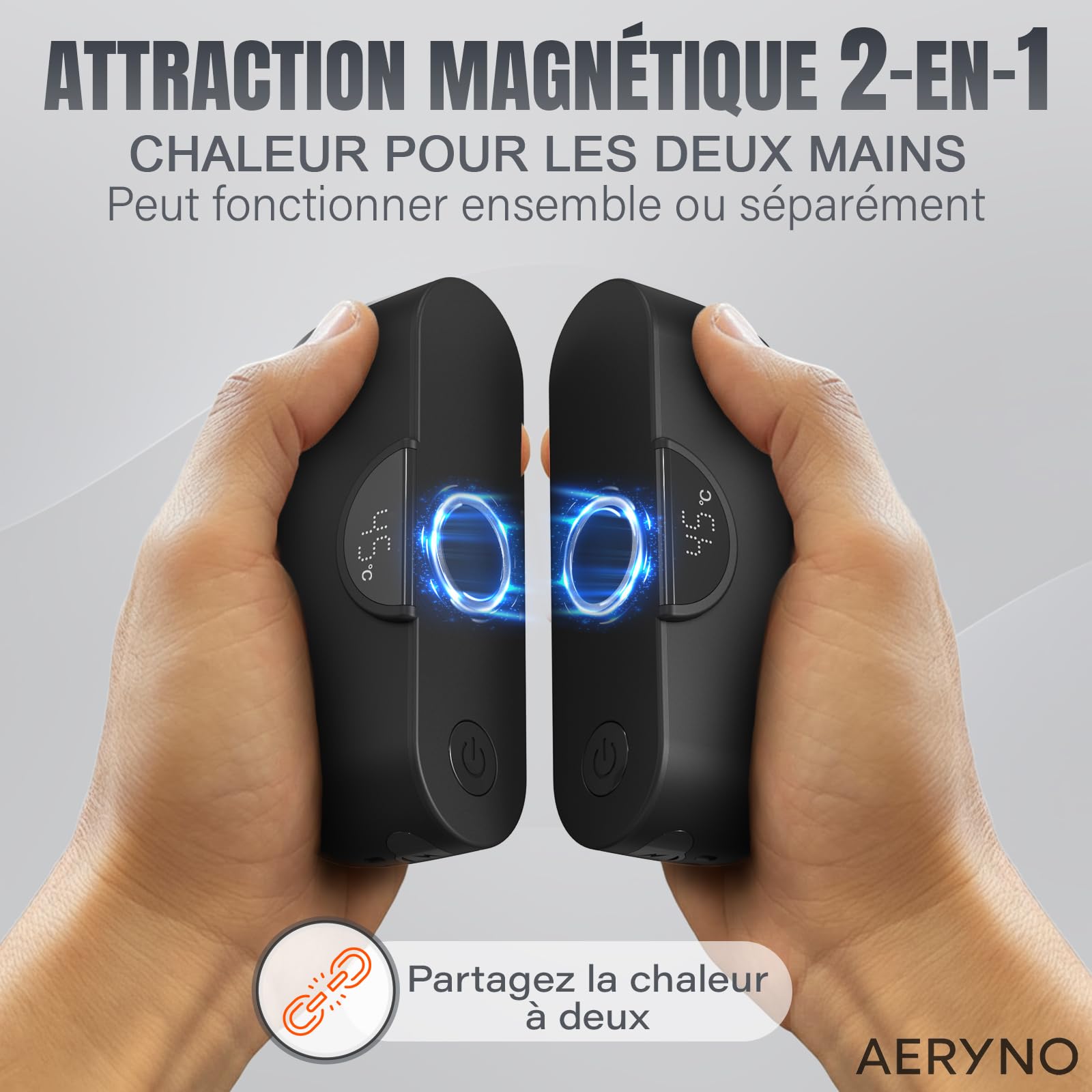 Chauffe-Main Rechargeable 6000mAh, écran Affichage LED, 4 Niveaux de Chaleur, Design Compact & élégant, USB-C, Chauffe Rapide, Ideal Voyage, Hiver et Cadeau - AERYNO