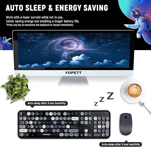 Miniatura 4 de FOPETT Combo de teclado y mouse inalámbricos - Teclado retro colorido lindo de tamaño completo de 2.4G con teclas redondas de 104 teclas, teclado de