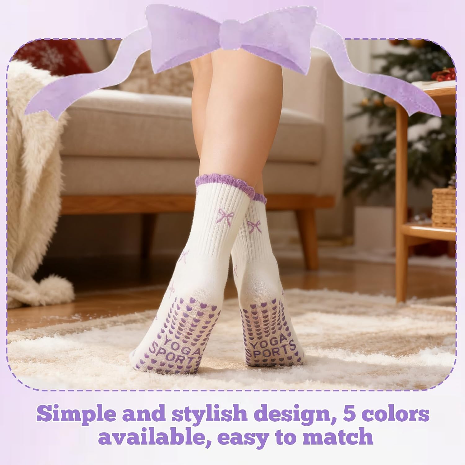 5 Pairs Cute Pilates Socks for Women, Ruffle Frilly Yoga Socks Non Slip Cotton Crew Socks with Embroidery Pattern - Image 6