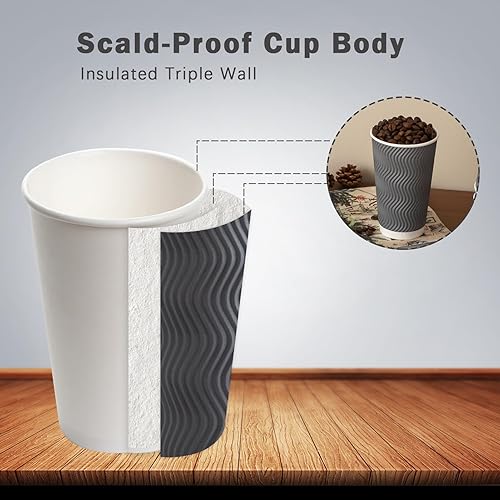 Miniatura 3 de Paquete de 90 tazas de café desechables de 16 onzas sin tapas, tazas de café de papel ondulado aislado gris de 16 onzas, tazas de papel corrugado
