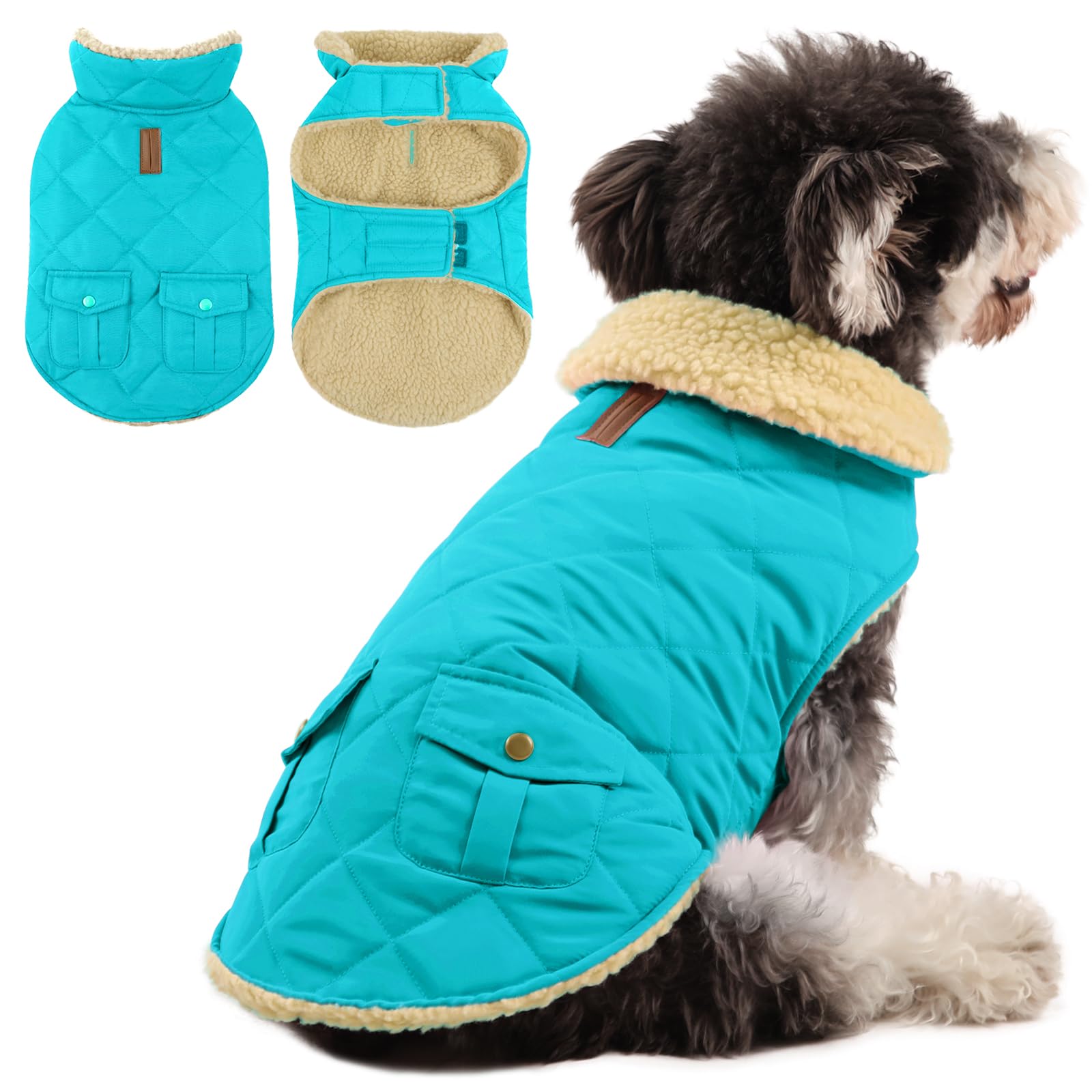 Queenmore Cappotto caldo per cani, piumino per cani, per la stagione fredda, trapuntatura, invernale, ultra spesso, foderato in pile felpato, vestiti per animali domestici, con tasche portaoggetti