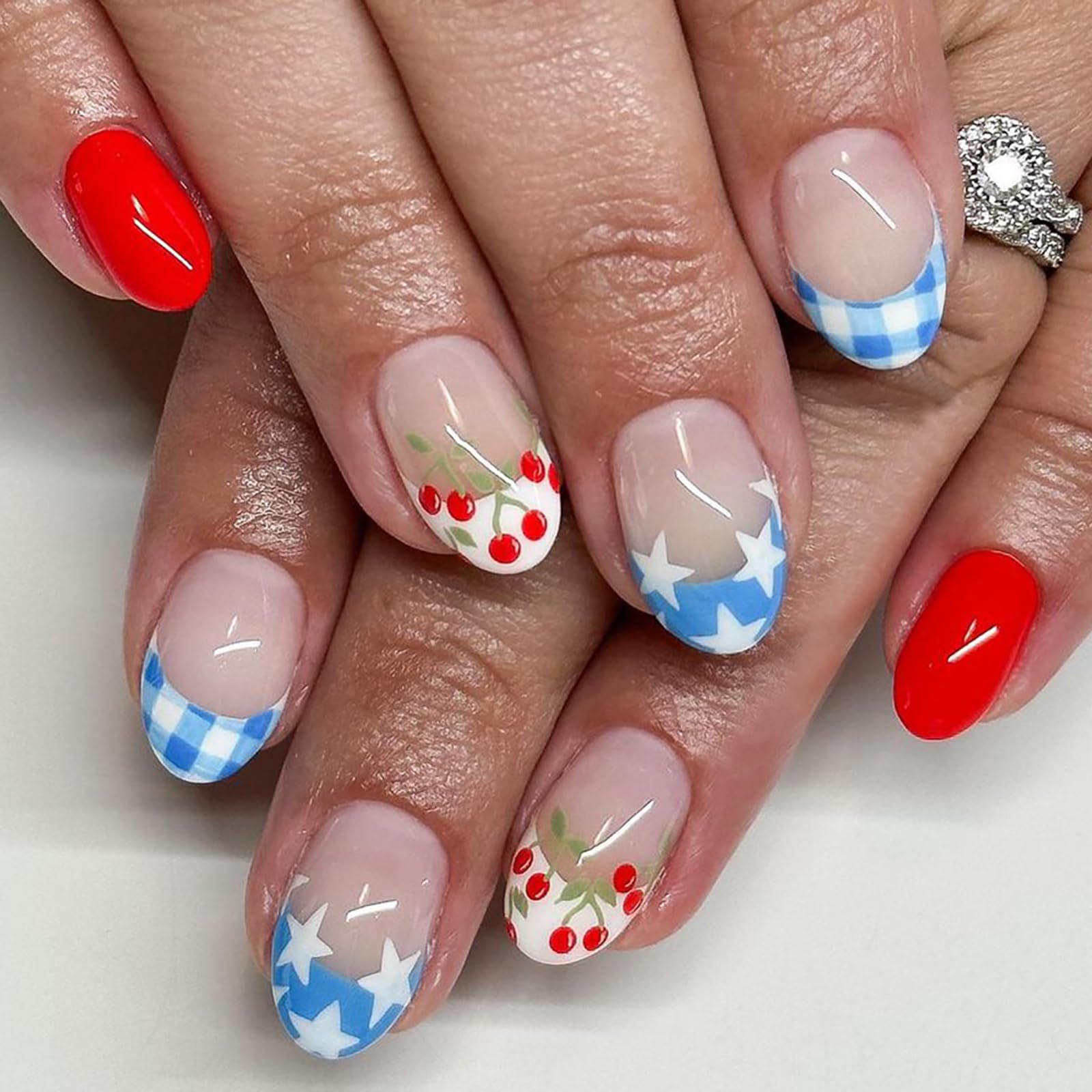 4th of July Press on Nails Short Almond French Tip Fake Nude Pink Full Cover Floral Star Cherry Tip False With Designs Glossy Glue on Summer