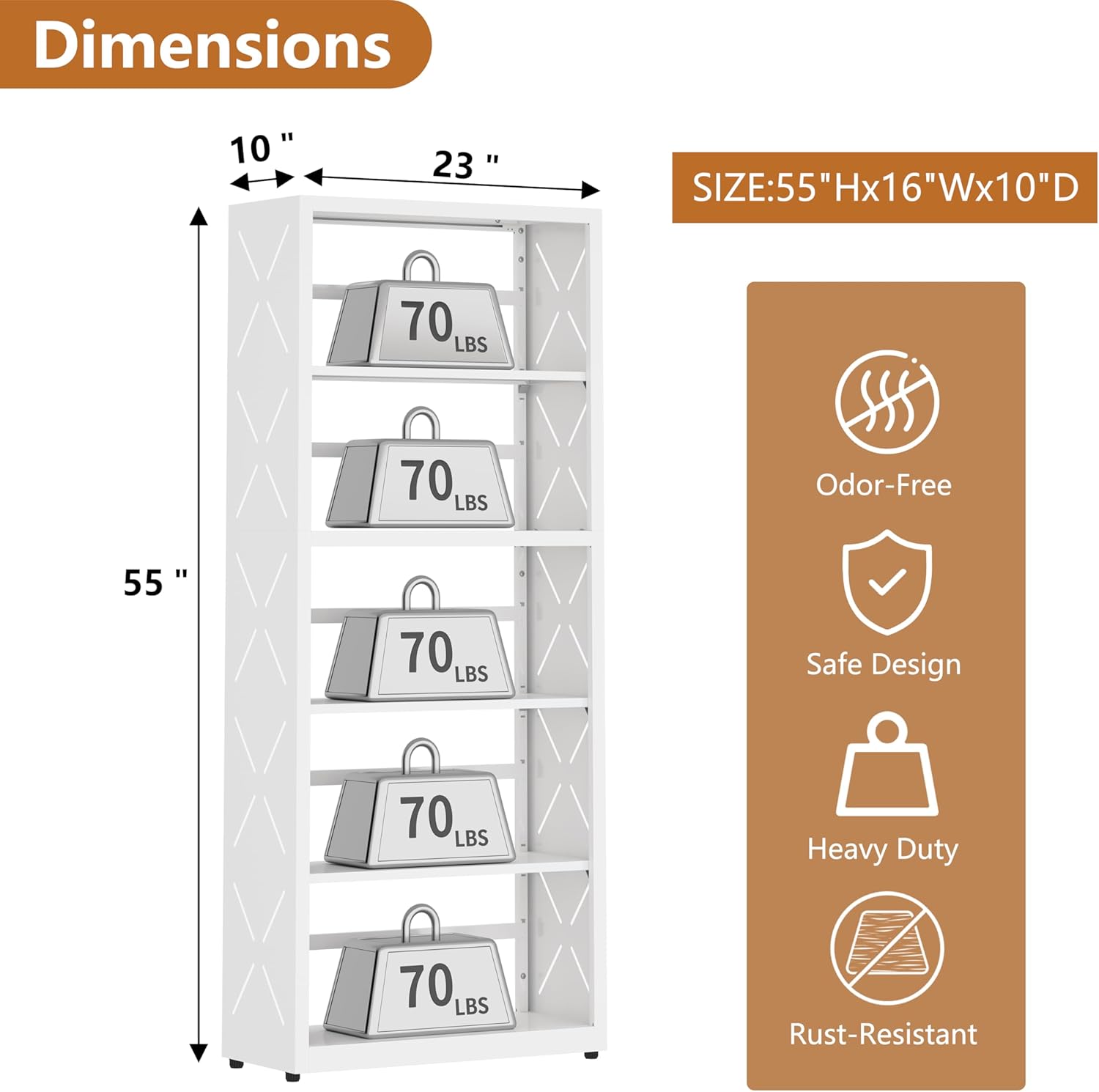 Bookshelf, 5 Tier Metal Bookcase with Adjustable Shelves, Tall White Book Shelf with Bookends, White Display Shelves for Living Room, Home Office, Library
