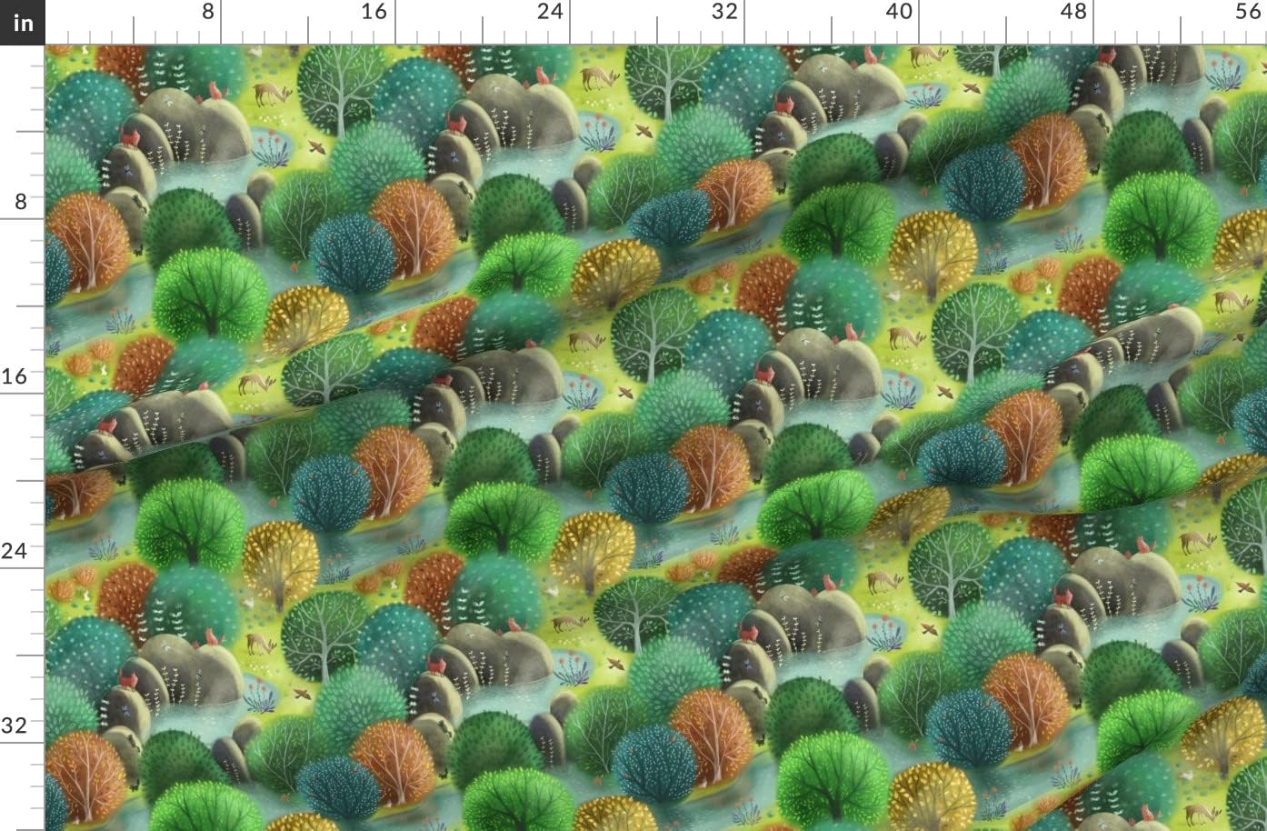 Spoonflower Fabric - Emerald Forest Green Nature Wild Trees Park Summer Animals Woodland Printed on Organic Cotton Sateen Fabric by The Yard - Sewing Quilting Apparel Home Decor