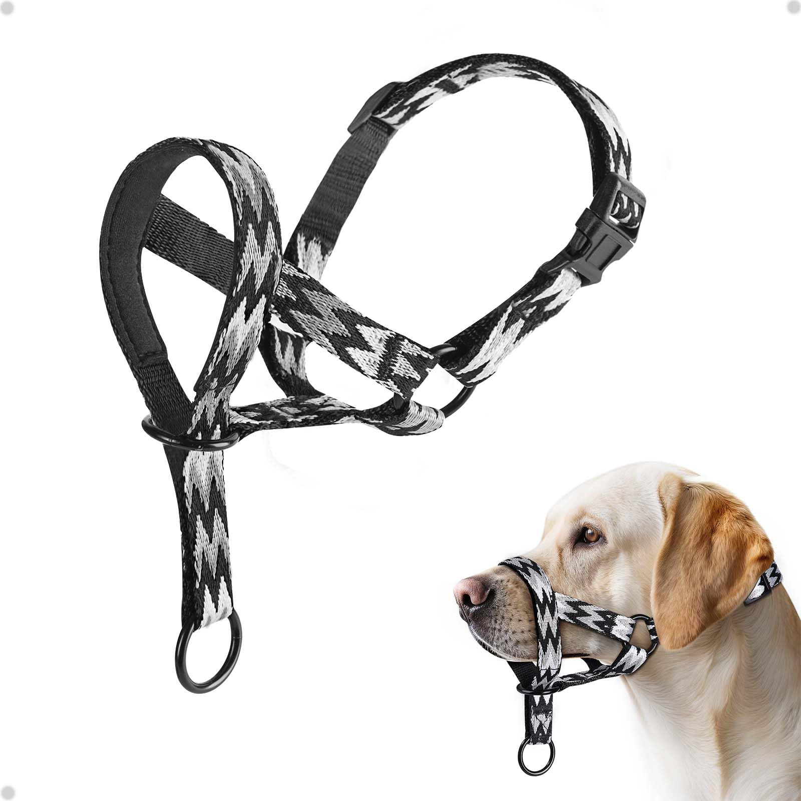 Hundehalfter mit Buchstabenmuster, Hundehalsband mit Weichem Nylon, Bequeme Passform für Kleine, Mittlere und Große Hunde, Verstellbar, Verhindert das Ziehen(L, Wstil Schwarz)