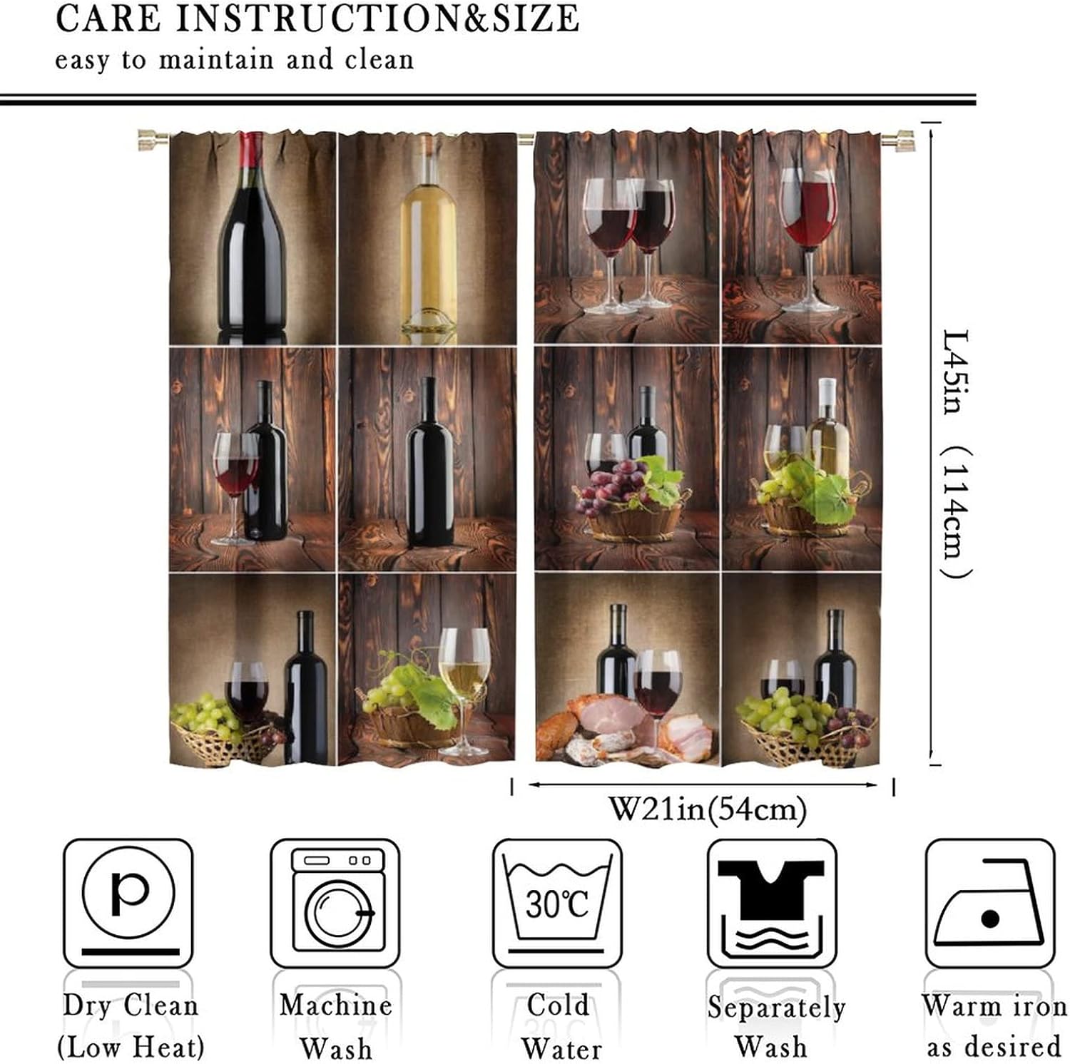 Wine Window Curtain Drape Wine Themed Collage on Wooden Backdrop with Grapes and Meat Rustic Country Drink Decorative Room Darkening Curtains for Home Kitchen Office Coffee Room 2 Panles 42x45in