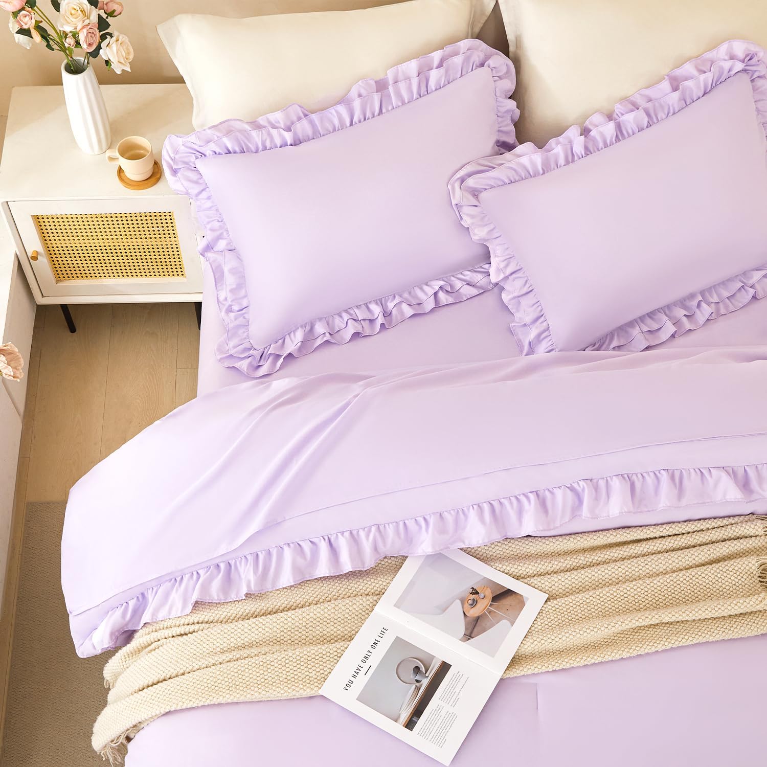 PERFEMET Lavender Ruffled Queen Comforter Set Purple Ruffle Comforter Shabby Chic Bedding Solid Color Soft All-Season 5 PCS Bed in A Bag with Sheets for Women (Purple, Queen)