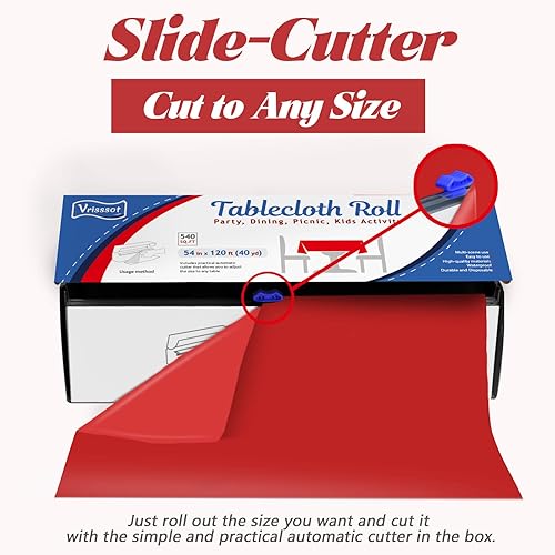 Miniatura 5 de Mantel desechable de 54 pulgadas x 120 pies, cubierta de mesa de plástico con cortador de fácil deslizamiento, fundas de mesa rojas para fiestas