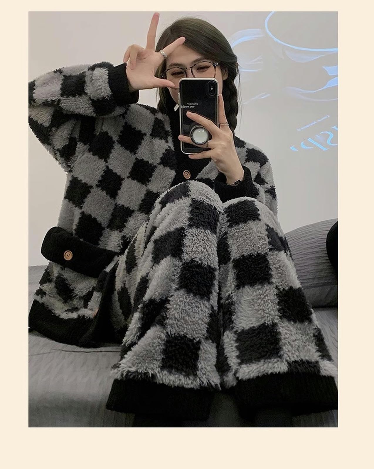 Pigiama Piajama Femminile Set Inverno Comodo Pigiama Set di Pigiami Caldi E Soffi-Reticolo Grigio Nero-2 Iarde (Consigliate 80/120 Catties)