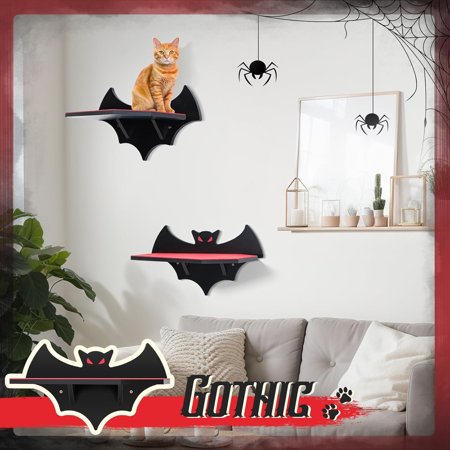 Gemscream Cat Shelves for Wall, Halloween Bat Floating Gothic Bed with Coffin Scratching Board Cat Wall Tree Can Load Bearing up to 30 Lbs/ 14 kg
