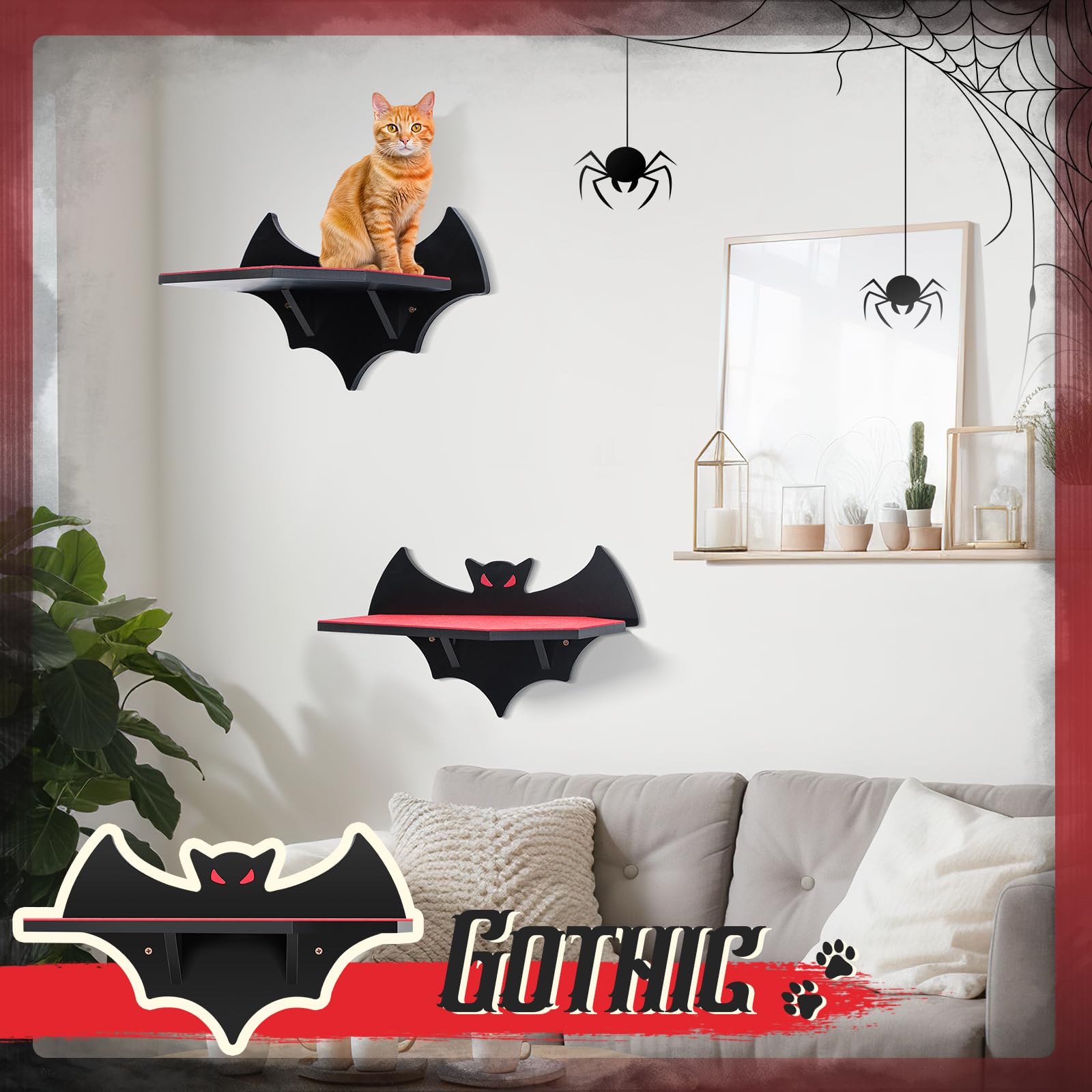 Gemscream Estantes de montaje en pared para gatos, estante flotante de murciélago gótico con cama de ataúd, pared para gatos, árbol de carga de hasta 30 libras/14 kg, árbol de gato negro para montaje