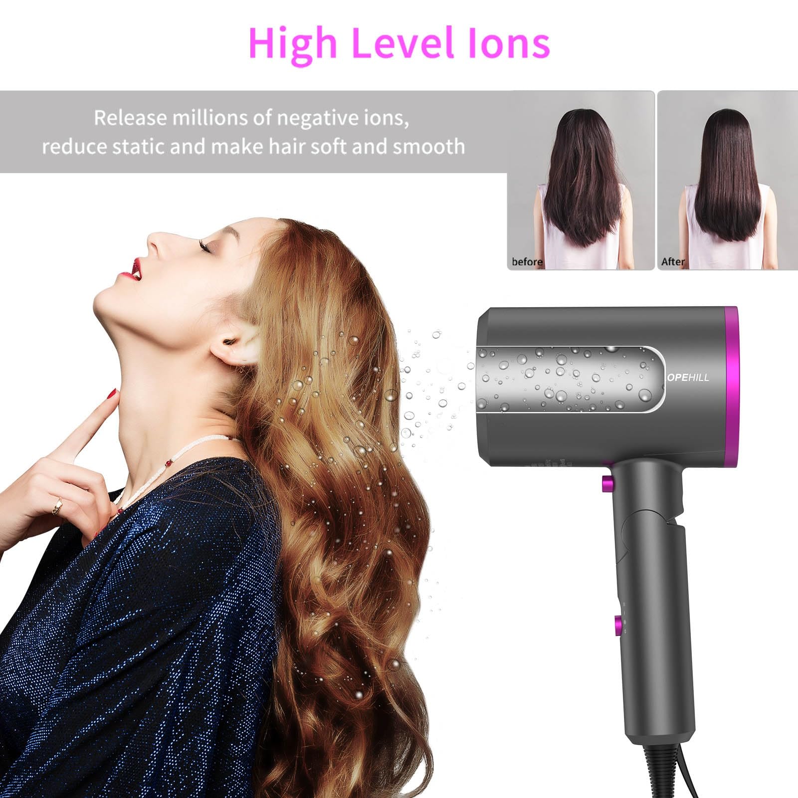 Asciugacapelli Slopehill, phon capelli professionale 1800W per Asciugatura Rapida, Tecnologia a Ioni, Pulsante Caldo/Freddo, 1 Diffusore 1 Concentratori, 3 Impostazioni Di Temperatura (Grigio)