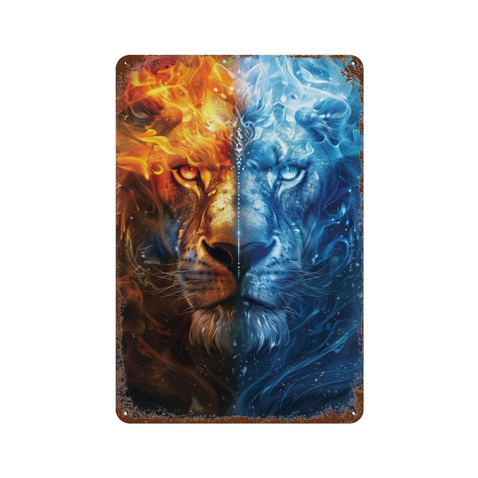 Fire & Ice Lion Art Print -3 Distressed Metal Wall Sign 11.8"x7.9", Ideal for Pub, Kitchen And Man Cave Decor