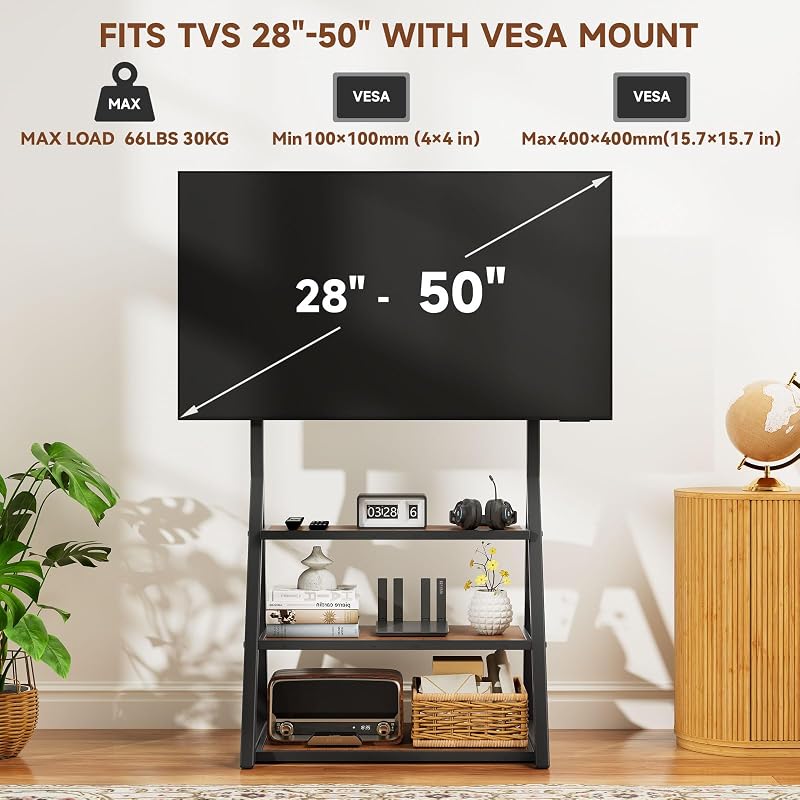 Small TV Stand with 3-tier Shelf, Corner TV Stand for 28-50in TV, Brown image 3