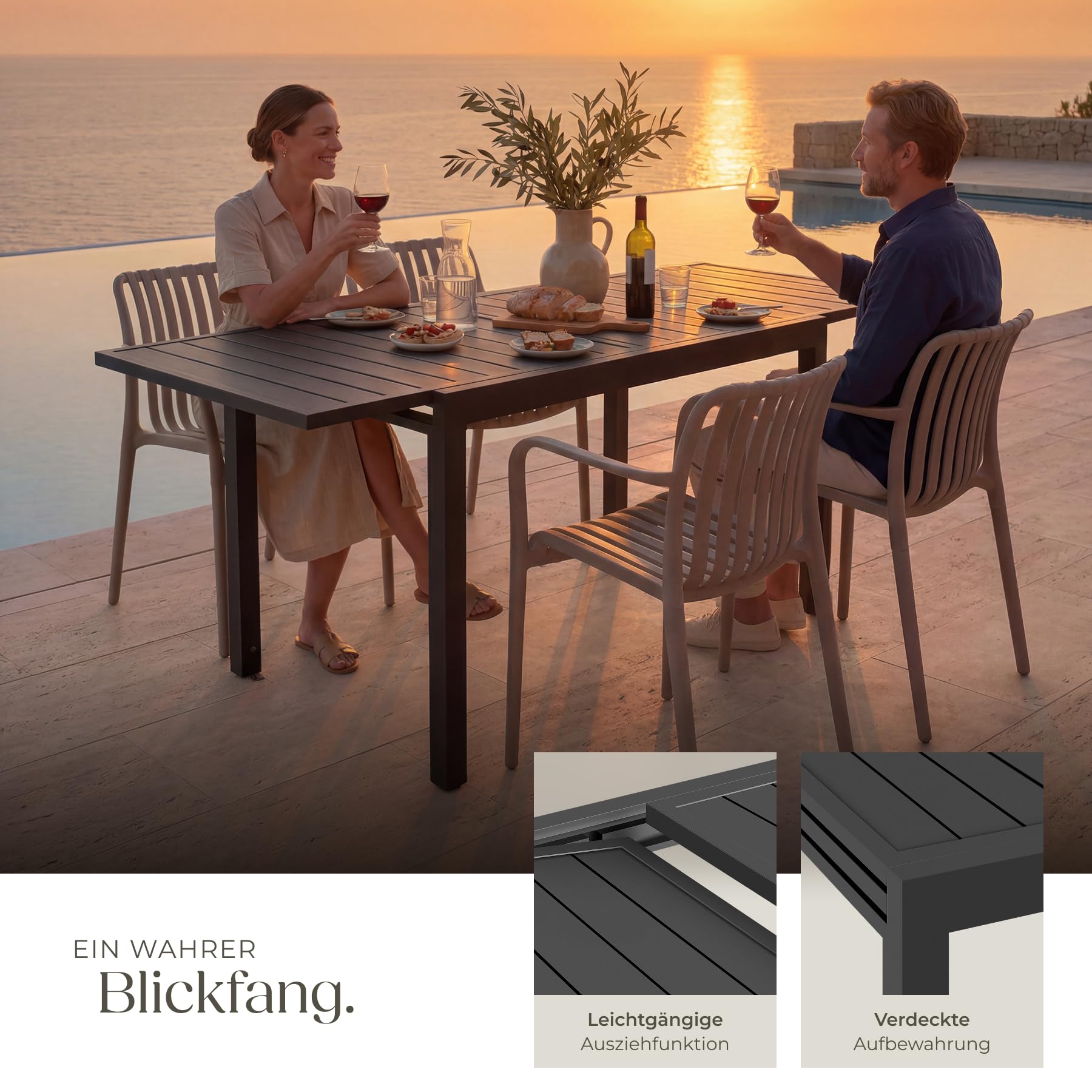 TecTake® Aluminium Gartentisch, ausziehbar für 4–6 Personen, 80–160 x 80 x 75 cm, wetterfest, Gartenmöbel Tisch Aluminium, UV-beständiger Outdoor Tisch mit Lamellenoberfläche, höhenverstellbare Füße