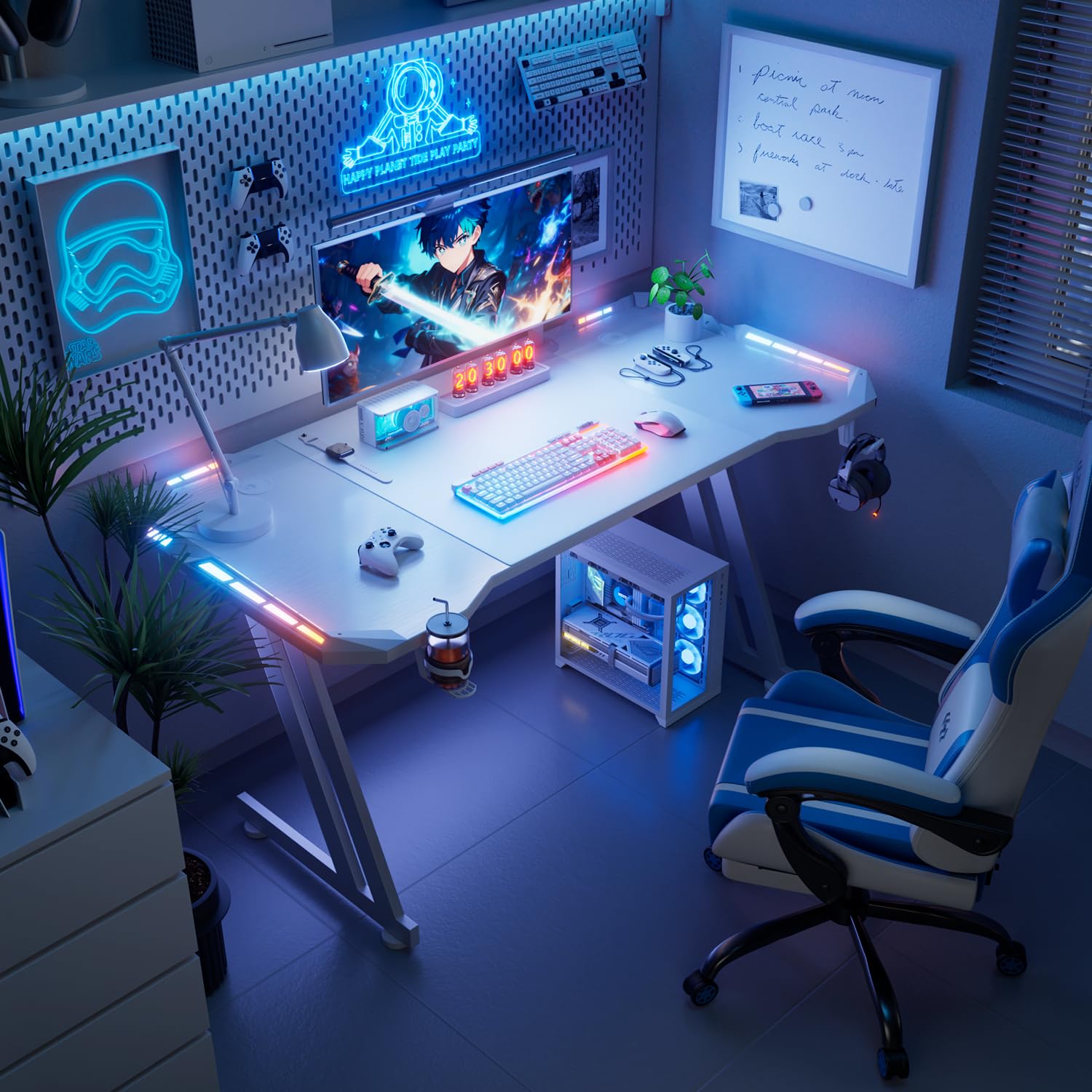 HLDIRECT 63 Inch Gaming Desk LED Lights White - Dettaglio