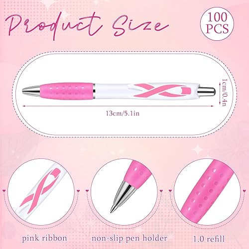 Miniatura 2 de Ctosree 100 bolígrafos retráctiles de gel de cinta rosa para concientización sobre el cáncer de mama, punta fina, tinta negra, bolígrafos de
