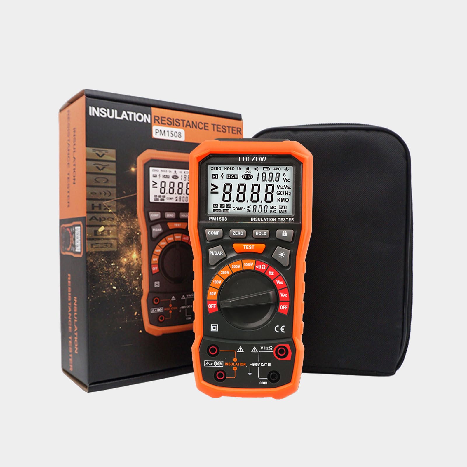 Testeur de résistance d'isolement mégohmmètre numérique 1000 V AC/DC pour appareils électriques, résistance d'isolement jusqu'à 100 GΩ, avec PI/DAR, test de fréquence et basse tension, avec écran LCD
