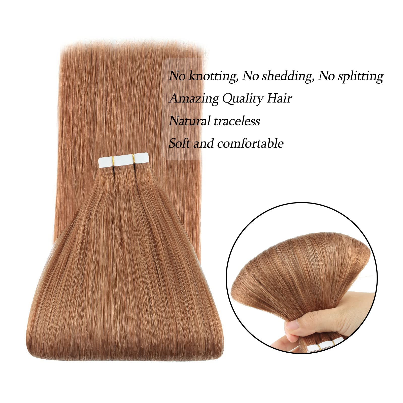 ABH AmazingBeauty Tape in Hair Extensions Semi-permanent Pre Taped Real Remi Remy Human Tape in Human Hair 50g 20pcs Skin Weft Invisible Seamless Reusable Platinum Light Auburn Color 30 16 Inch - Image 2