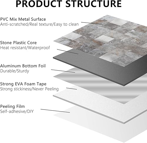 Miniatura 6 de STICKGOO Azulejos autoadhesivos para salpicaduras de pelar y pegar, para cocina y baño, azulejos de pared autoadhesivos de metal mixto de PVC (10