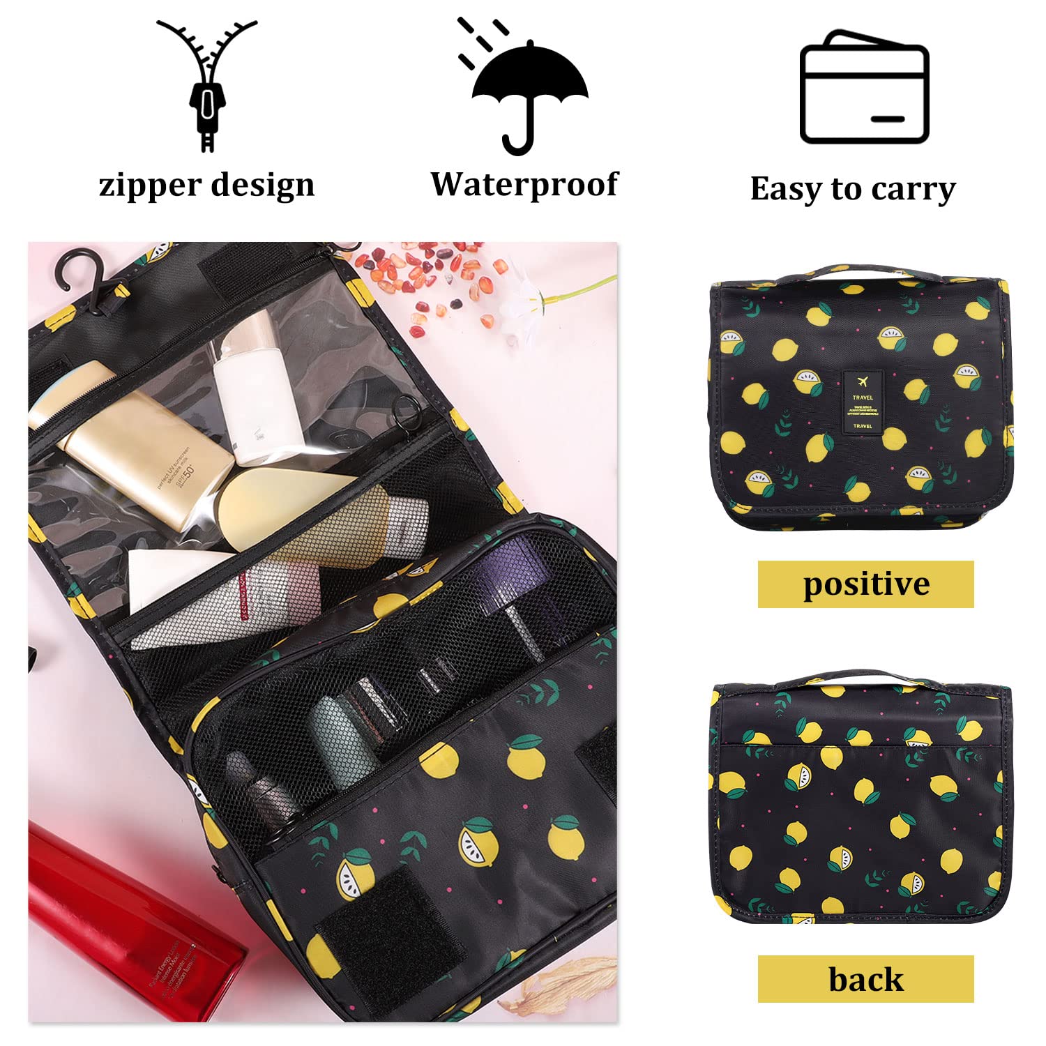 Pengxiaomei Hanging Toiletry Bag, Black Waterproof Cosmetic Bag Portable Lemon Makeup Pouch Travel Wash Bag with Handle for Kids Teen Girls Birthday Mothers Day Gifts