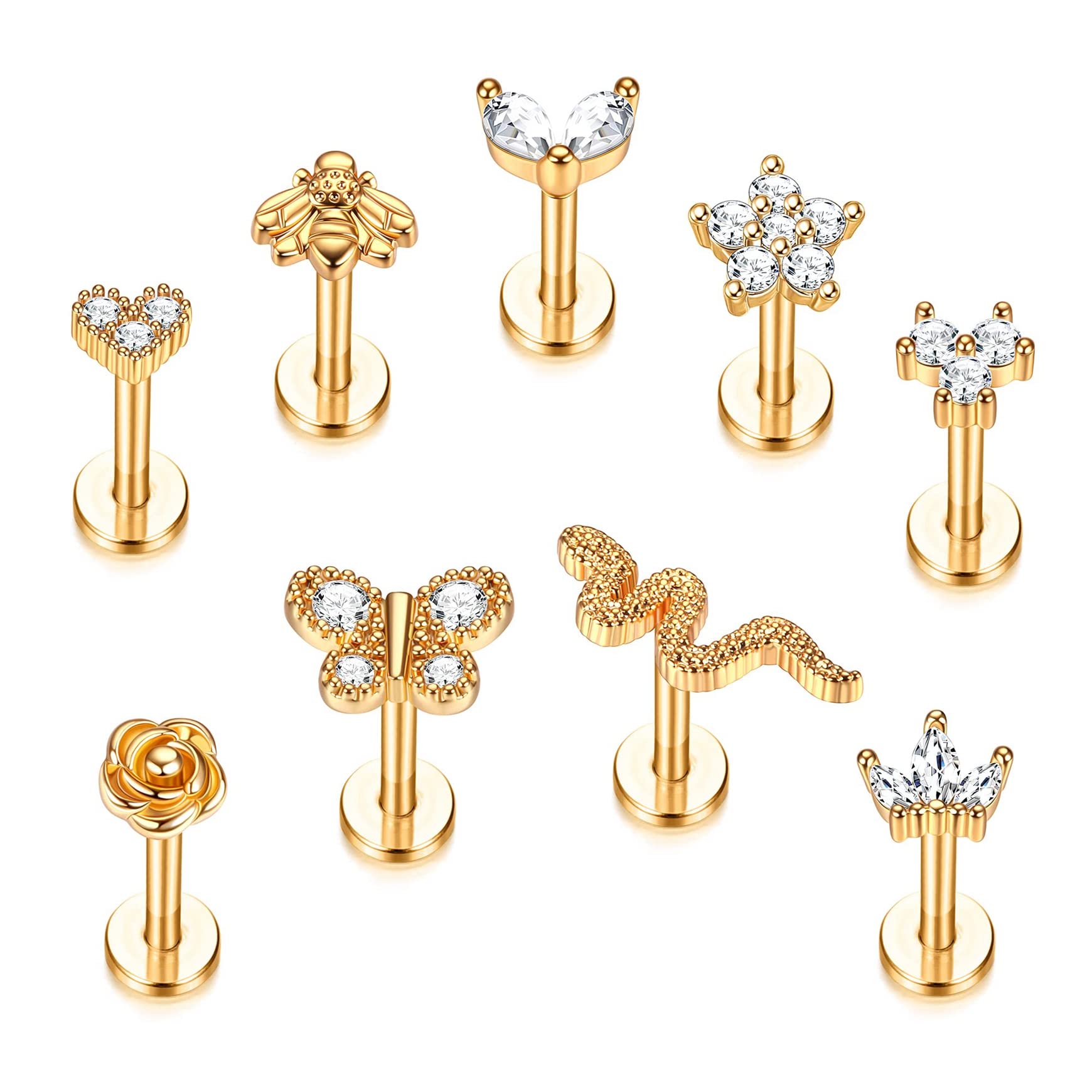 CASSIECACartílago Pendiente Stud 16G Acero inoxidable Roscado interno CZ Flor Corazón Abeja Mariposa Serpiente Helix Tragus Conch Labret Monroe Medusa Labio Piercing Joyería