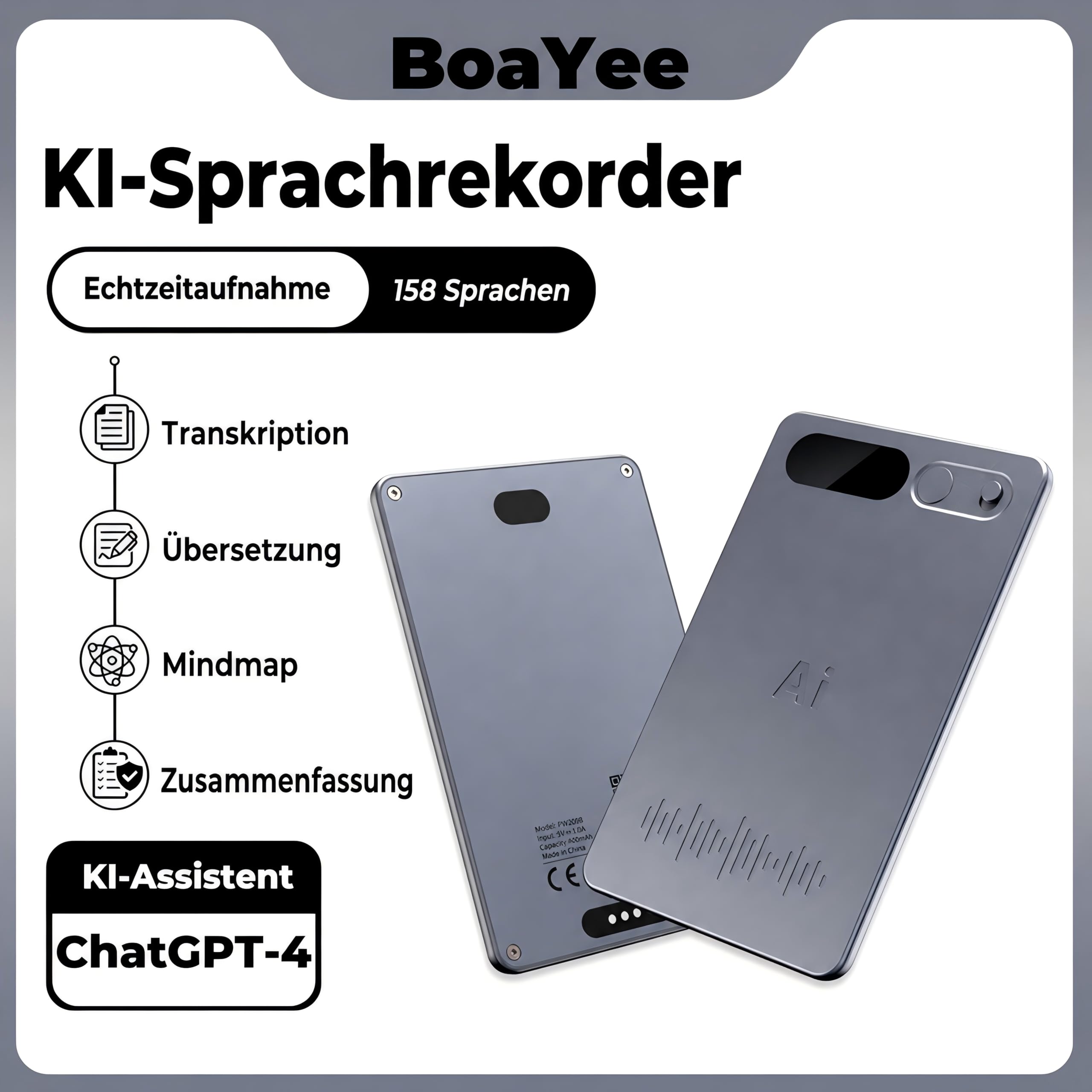 KI Diktiergerät, Diktiergerät Mini 64 GB, Schwarzes Gehäuse | Gestützte Transkription und Zusammenfassung, Unterstützung Mehrerer Sprachen, App Steuerung( 5.4*8.5*0.2)