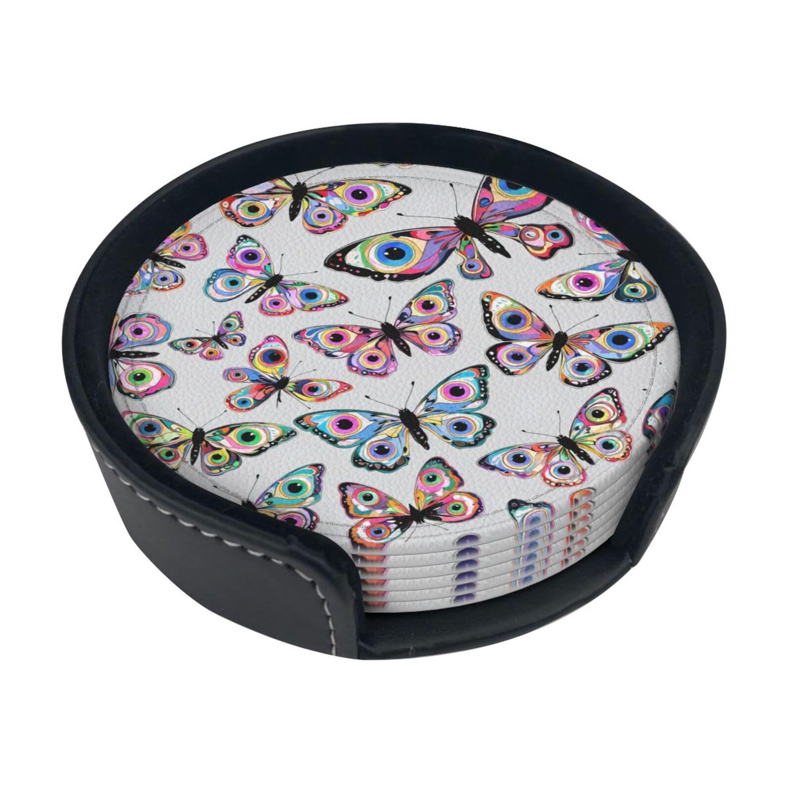 Eye Butterfly Leather Coasters-Set of 6 with Storage Holder