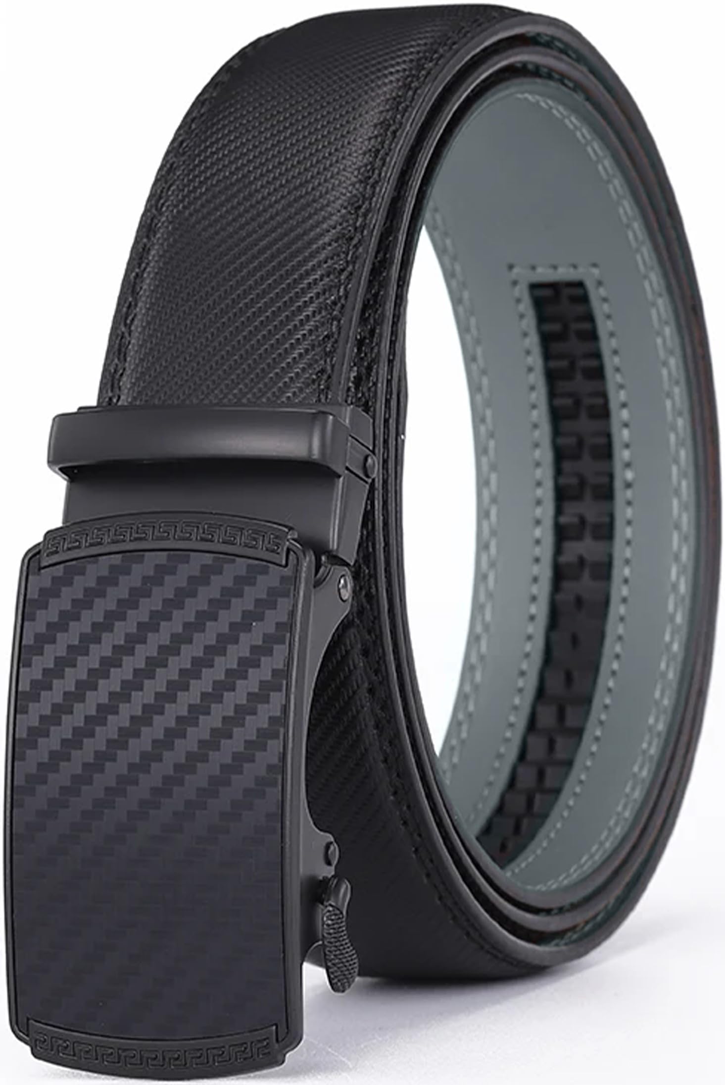 Wroden Men's Black - Carbon Fiber Leather Belt For - Genuine Leather Belt With Automatic Sliding Ratchet Buckle - Holeless Belts For ’S Pants/Jeans (, 36" - 44" Waist Adjustable (Large/Extra-Large))