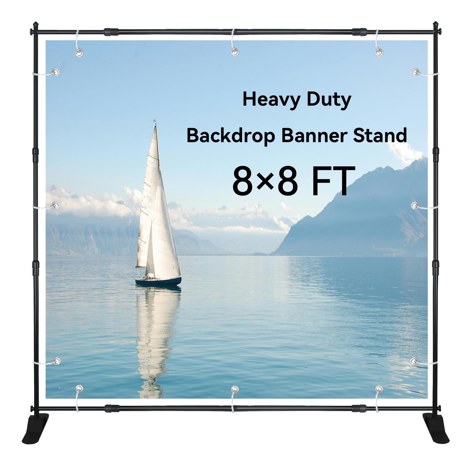 8x8 FT(WxH) Heavy Duty Backdrop Banner Stand with Adjustable Telescopic Tube,Step and Repeat Stand for Parties, Photo Booths, Exhibit Events and More