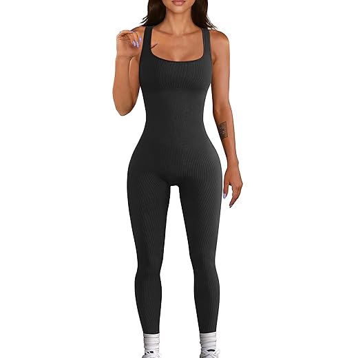 Women Workout Seamless Jumpsuit Yoga Ribbed Bodycon One Piece Tank Top Leggings Romper