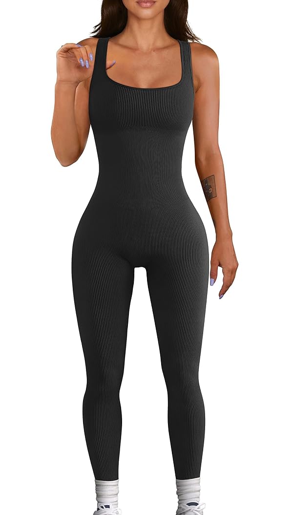 YIOIOIO Women Workout Seamless Jumpsuit Yoga Ribbed Bodycon One Piece Square Neck Shorts Romper by YIOIOIO - Used condition - US$18.99