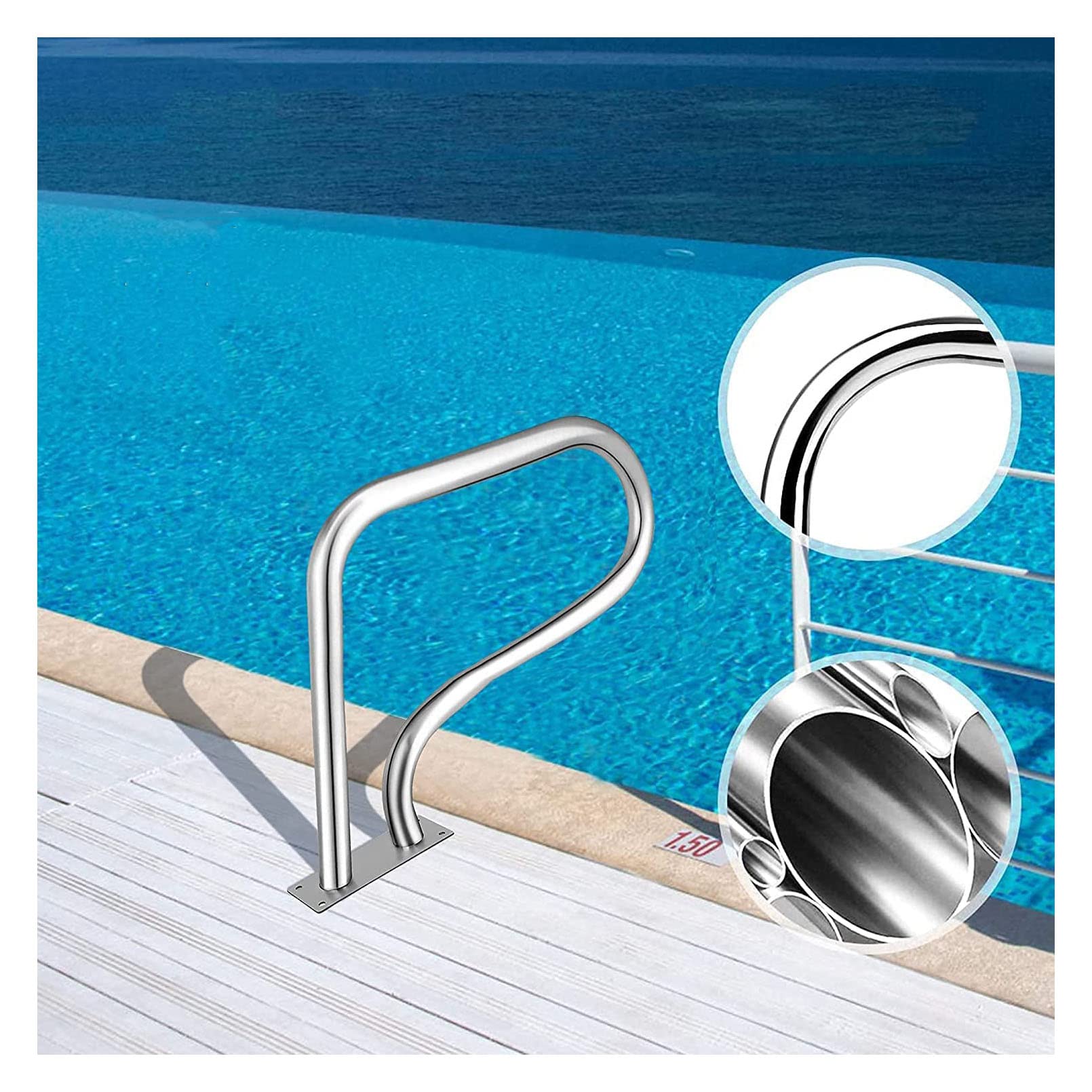 Barandilla de Piscina con Riel de Escalera de 3 Curvas para Parques Acuáticos, con Base de Montaje Rápido,O Inoxidable 304, 32"X22.5"/81X57Cm, 1 Pieza