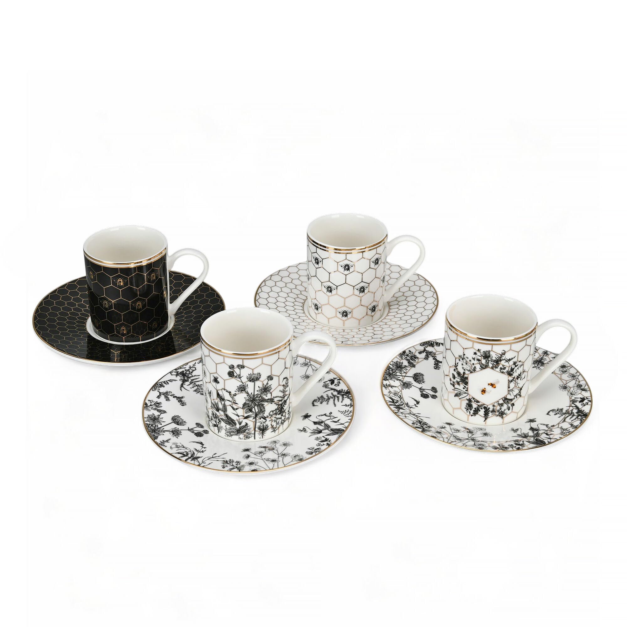 STP GOODS Gold Honeycomb Bone China Espresso Cup with Saucer Set for 4 pers.