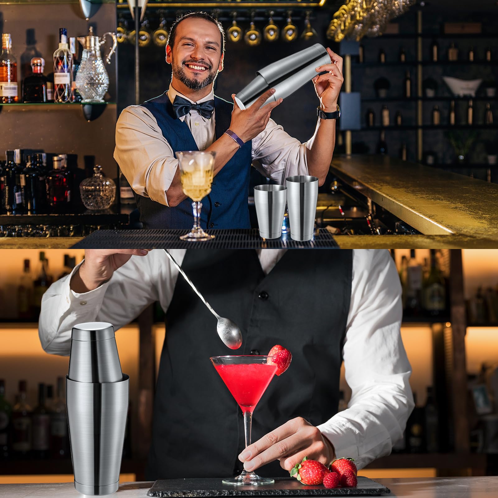 Lallisa Set di 10 shaker per cocktail professionali da bar, in acciaio inox, shaker per Martini, mixer per bevande, strumenti di base per baristi, 510 g, 793,8 g (argento levigato)