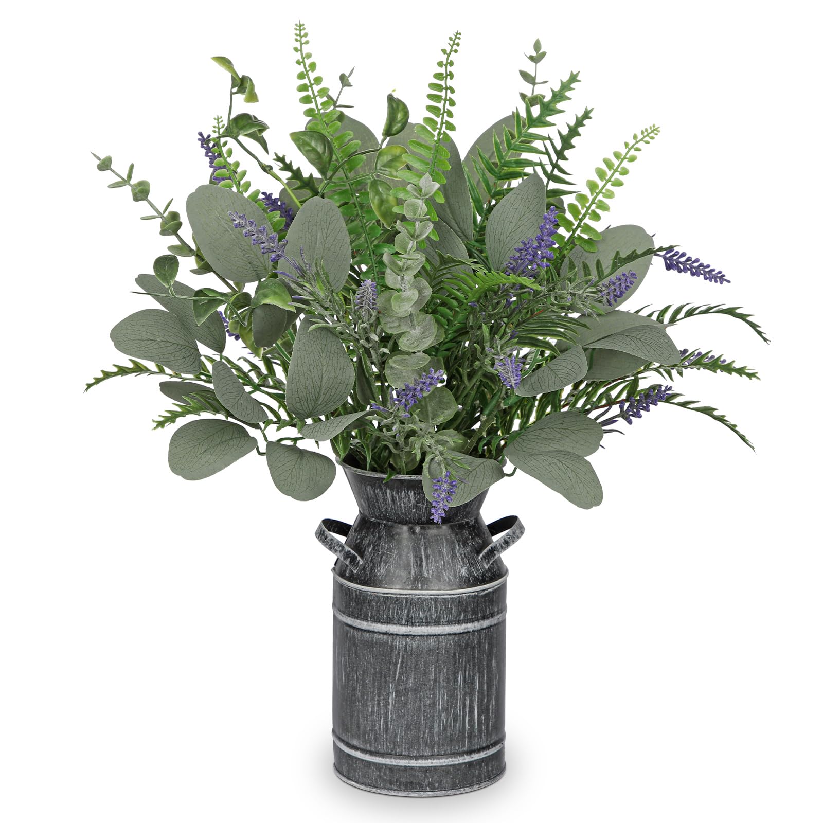 Hollyone Artificial Eucalyptus Plant in Rustic Metal Vase 18" Fake Plants Eucalyptus Leaves Lavender Stems Faux Greenery Potted for Farmhouse Kitchen