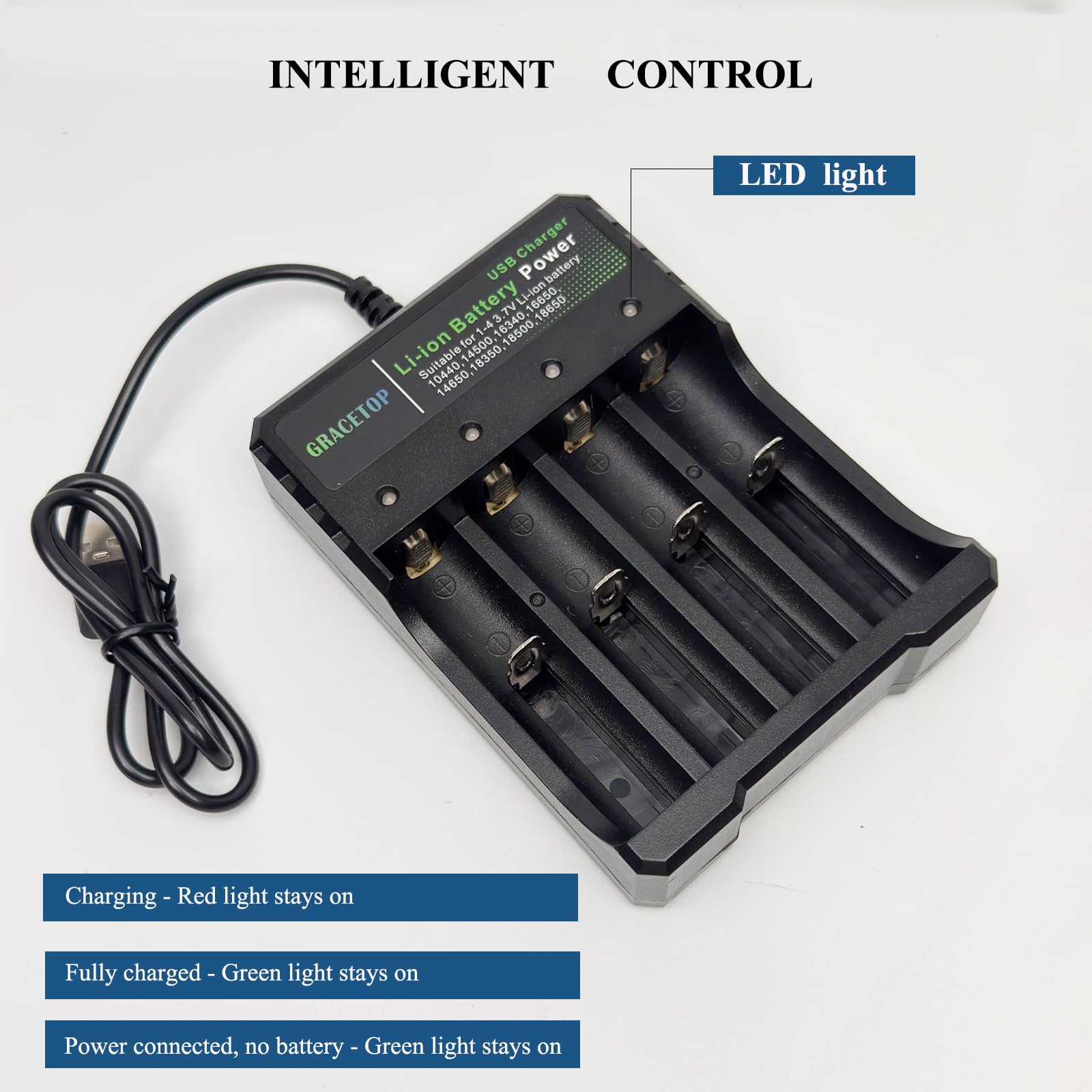 4-Bay Charger Independent Charging for 1-4 Li-ion Batteries with Multiple Protections and LED Indicators Compatible with 10440, 14500, 16340, 16650, 14650, 18350, 18500, 18650, 5V 2A