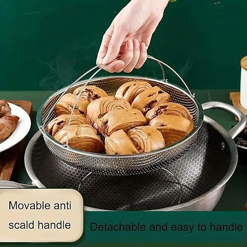 Miniatura 10 de Cesta de vapor multifuncional todo en uno con asa, cesta de drenaje de acero inoxidable para el hogar, malla fina al vapor, apta para lavavajillas,